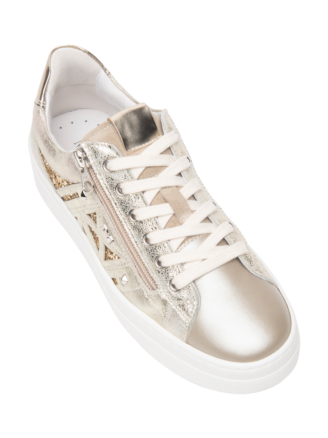 Product image 4 of 4, which shows NeroGiardini Genova Metallic Leather Lazer Cut Sparkle Trainers, Gold, 2