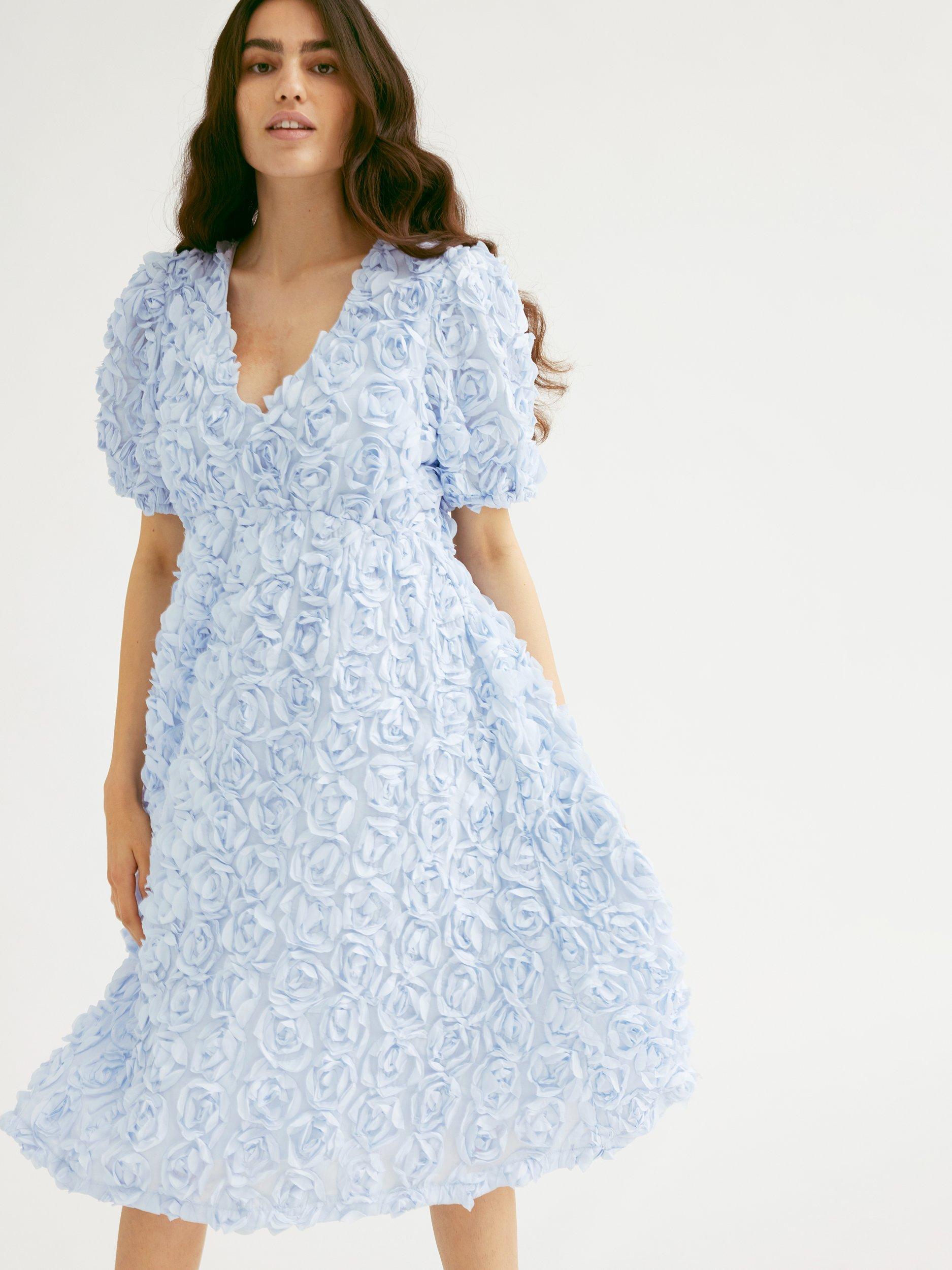 Product image 1 of 6, which shows YAS Rosiva Rose Textured Midi Dress, Light Blue, 6