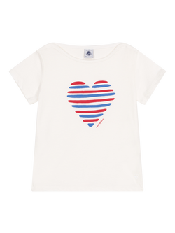 Petit Bateau Kids' Cotton Heart Print T- Shirt, Marshmallow, Marshmallow