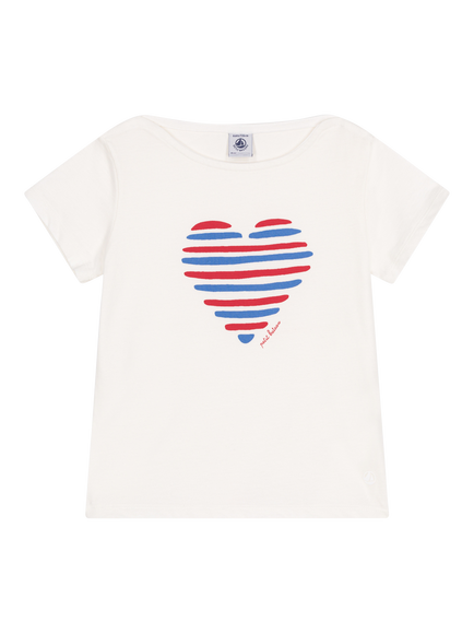 Petit Bateau Kids' Cotton Heart Print T- Shirt, Marshmallow, Marshmallow