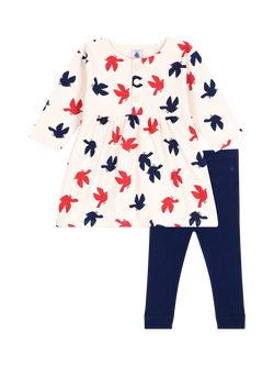 Petit Bateau Baby Cotton Bird Print Dress & Leggings Set, Avalanche/Multi, Avalanche/Multi