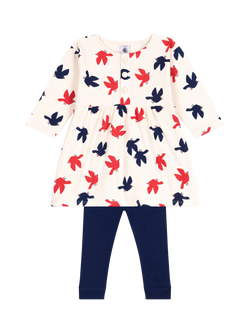 Petit Bateau Baby Cotton Bird Print Dress & Leggings Set, Avalanche/Multi - view 2, Avalanche/Multi