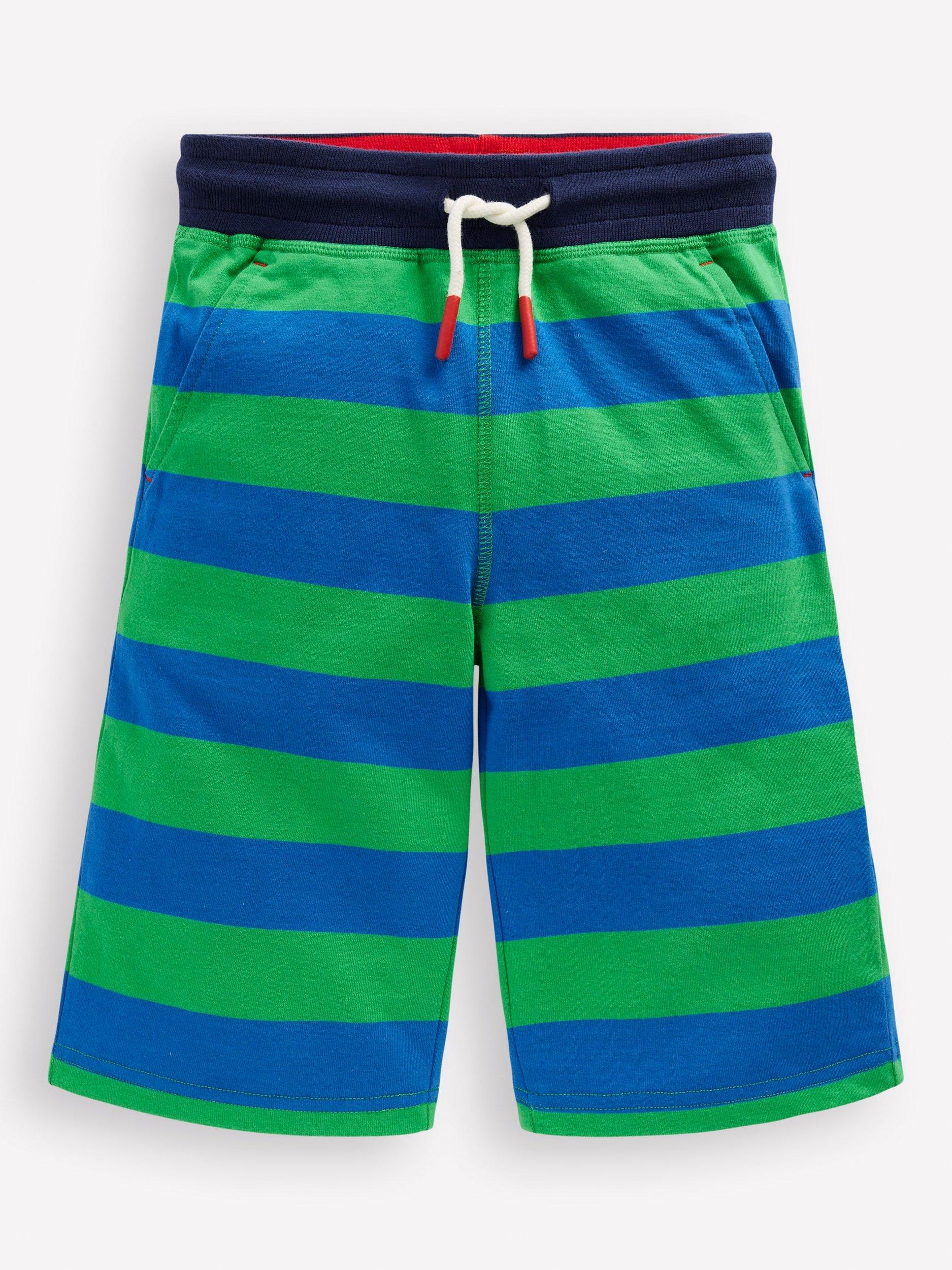Product image 1 of 3, which shows Mini Boden Kids' Baggies Stripe Cotton Jersey Shorts, Green/Blue, 3-4 years