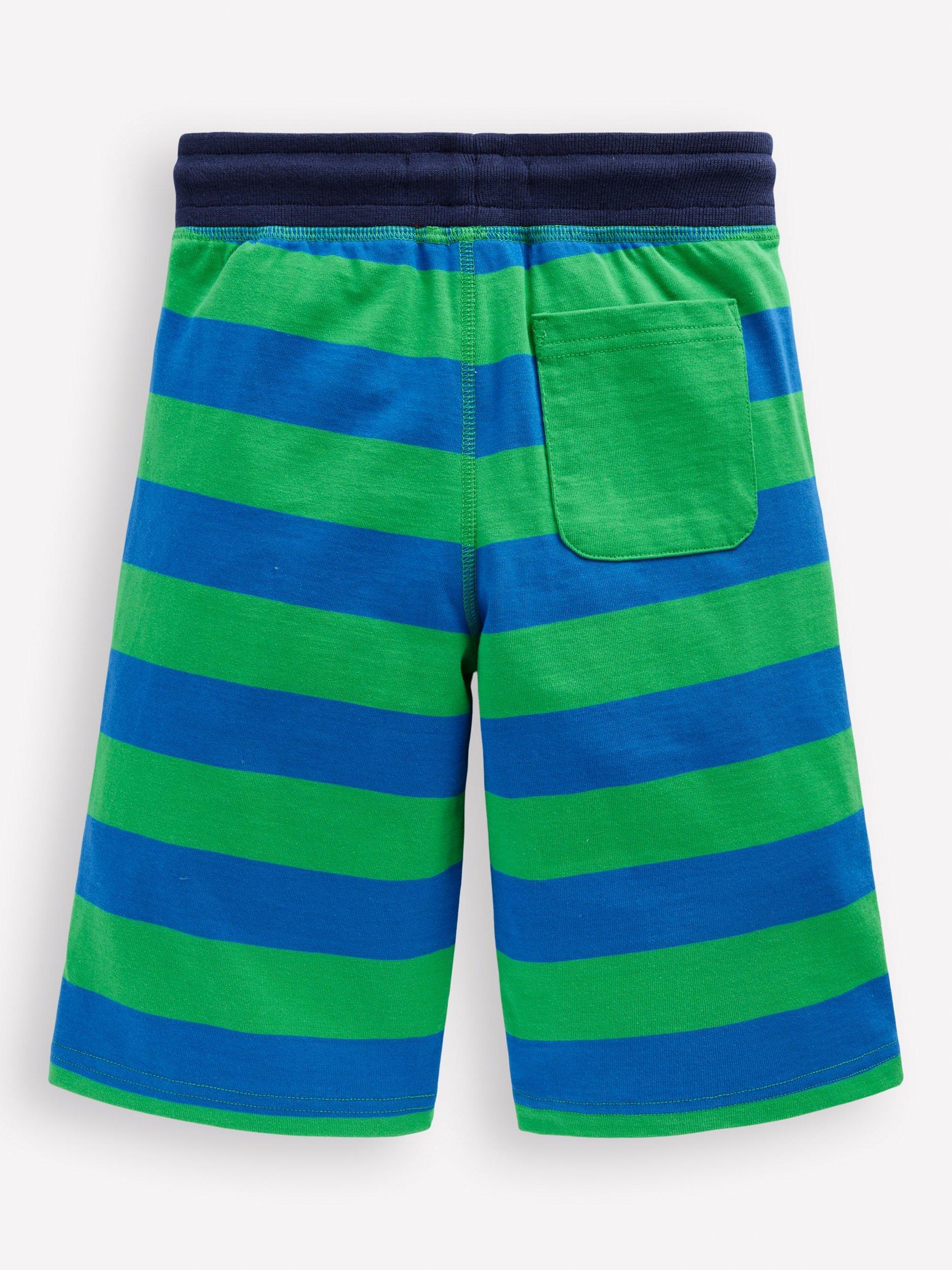 Product image 2 of 3, which shows Mini Boden Kids' Baggies Stripe Cotton Jersey Shorts, Green/Blue, 3-4 years