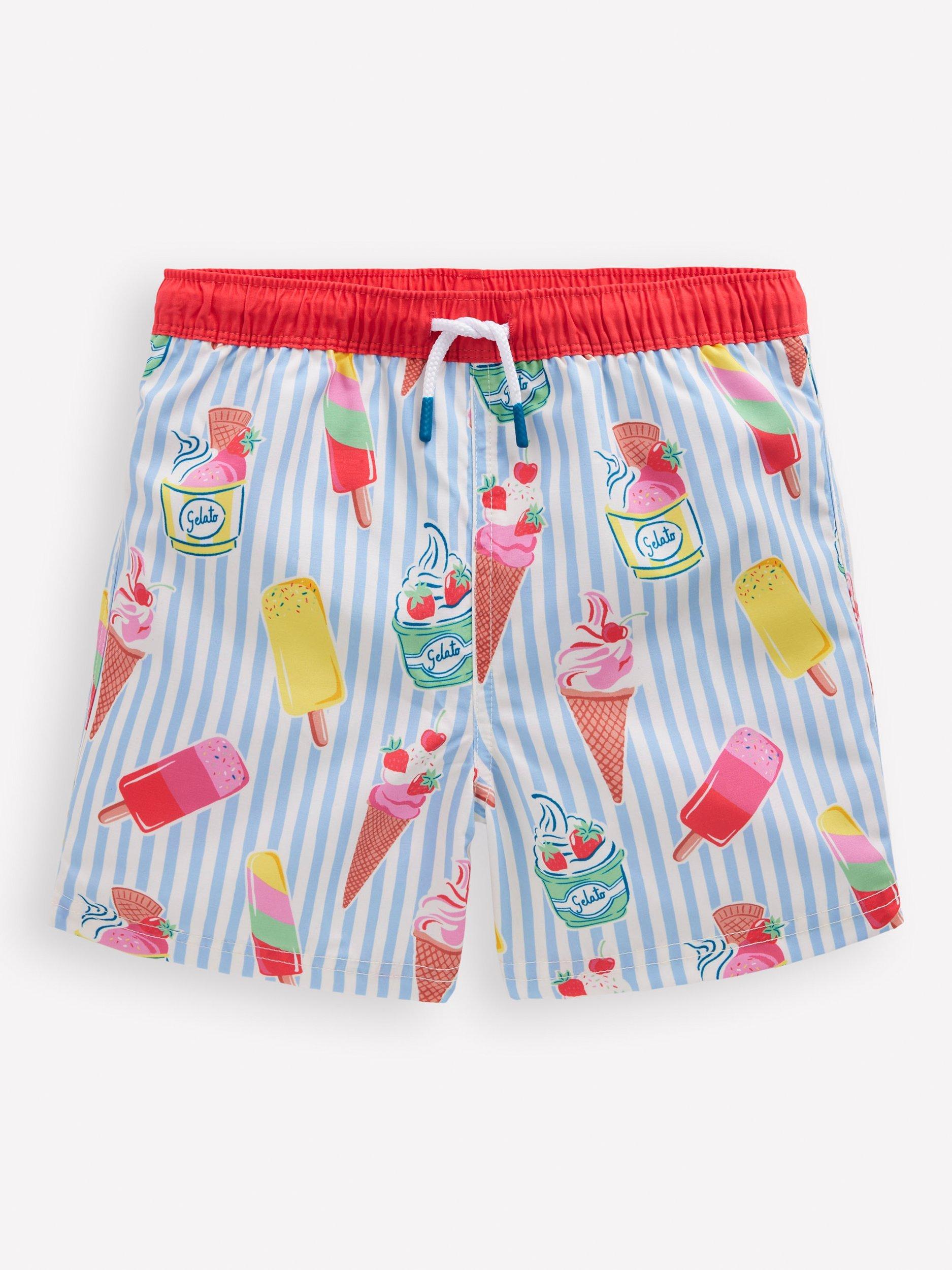 Product image 1 of 4, which shows Mini Boden Kids' Ice Cream Print Swim Shorts, Blue Stripe, 2-3 years
