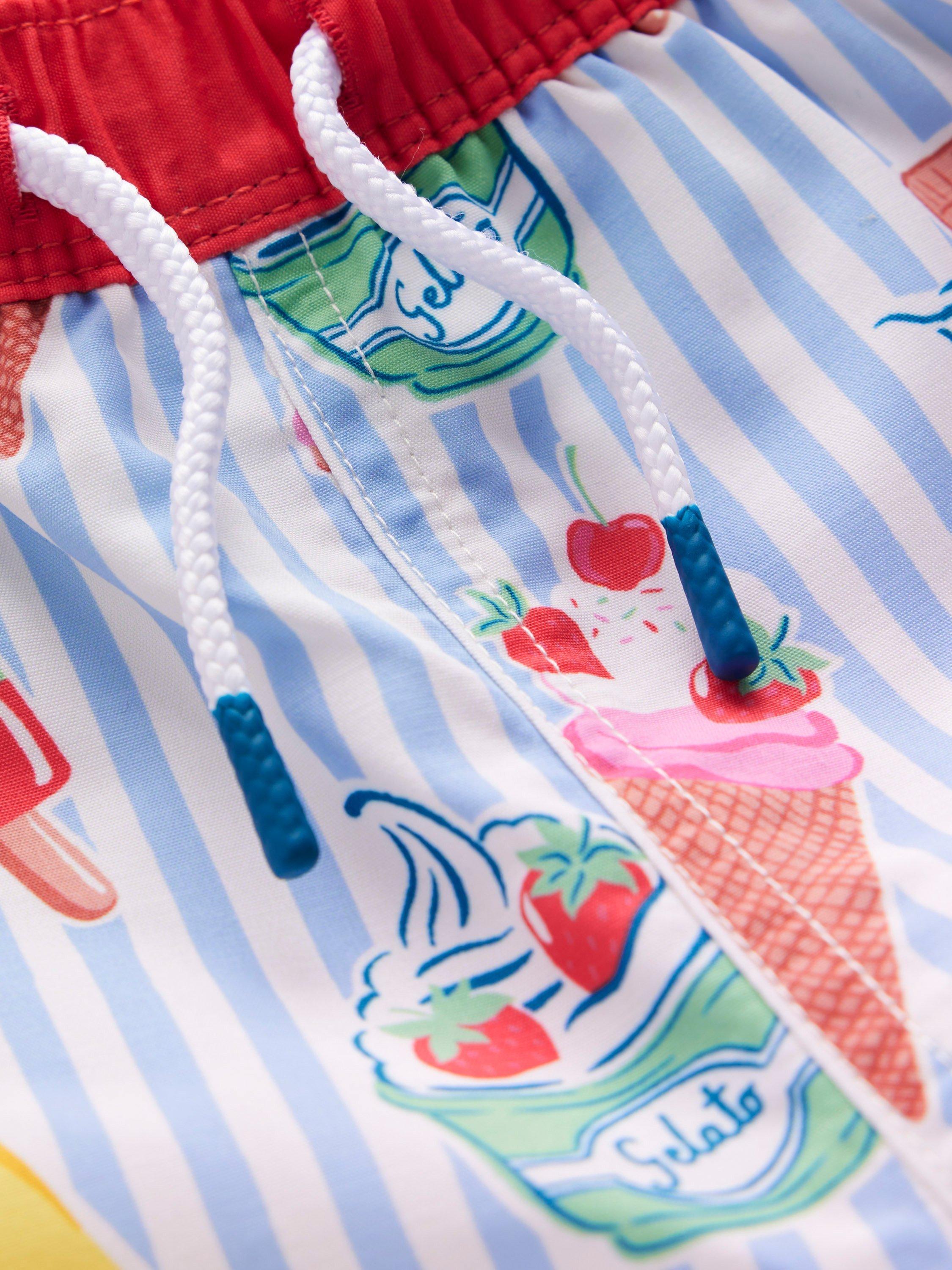 Product image 3 of 4, which shows Mini Boden Kids' Ice Cream Print Swim Shorts, Blue Stripe, 2-3 years