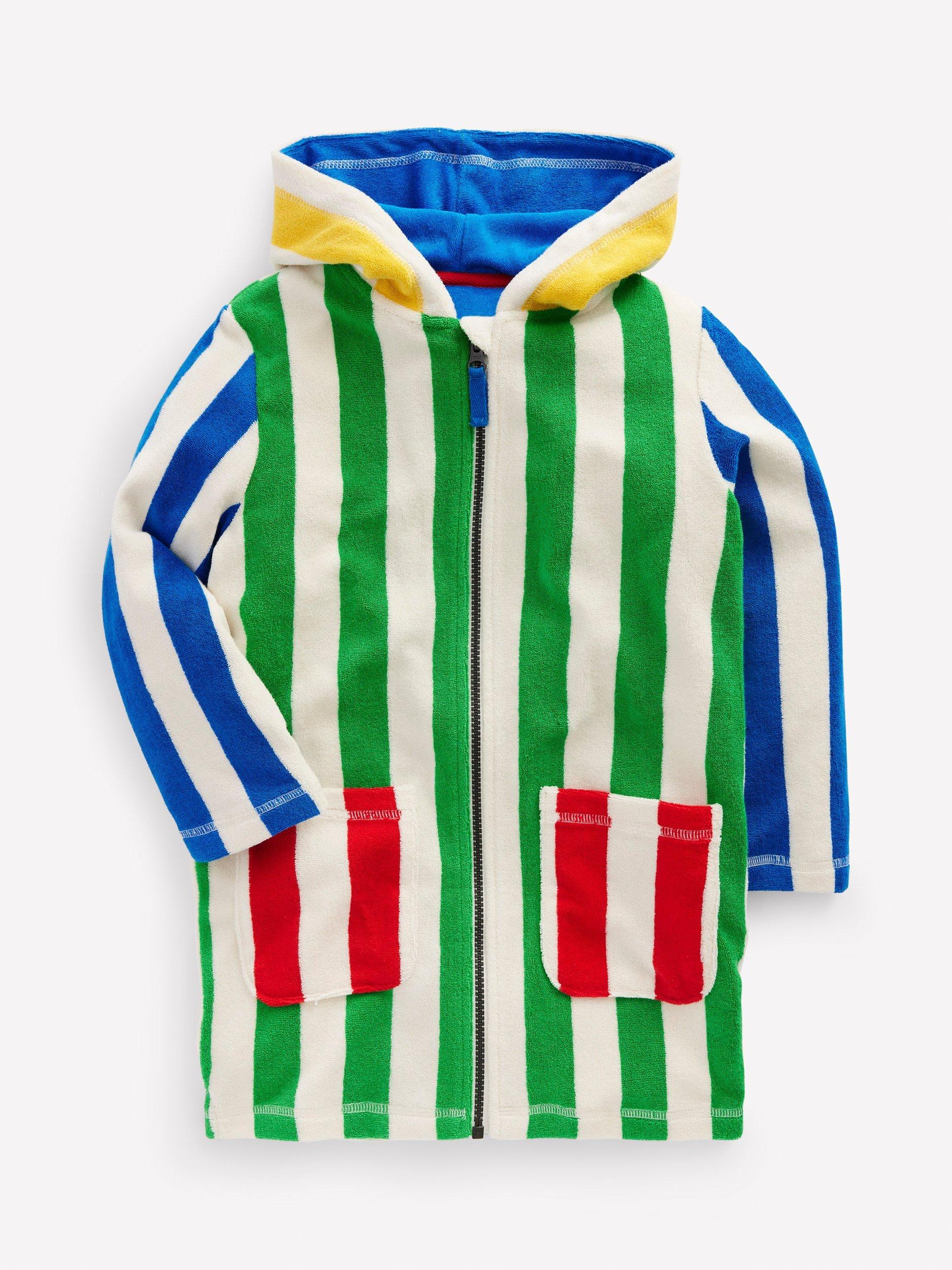 Mini Boden Kids' Towelling Zip-Up Throw-On, Green Colourblock