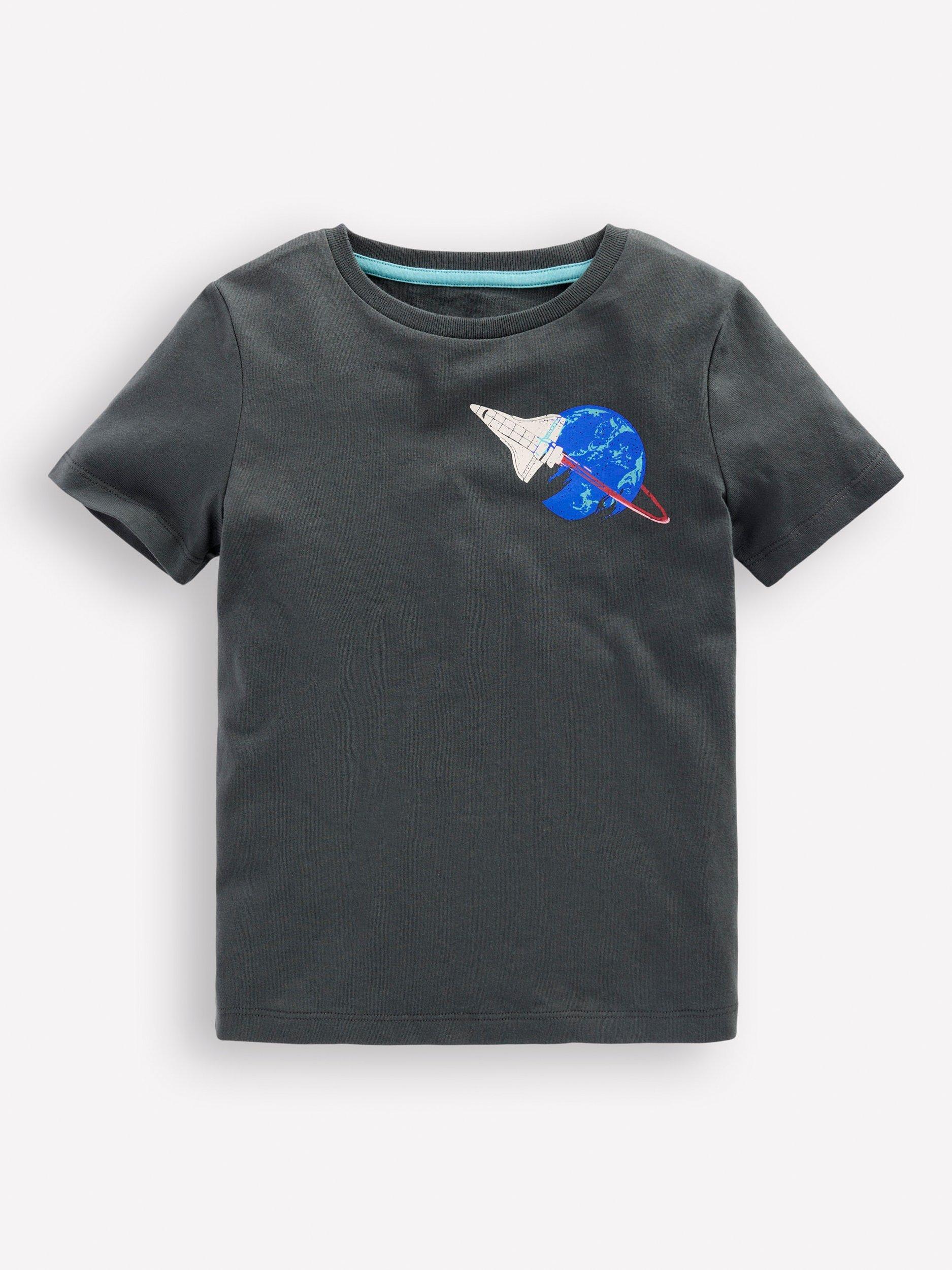 Mini Boden Kids' Front & Back Cotton Space T-Shirt, Smoke Space