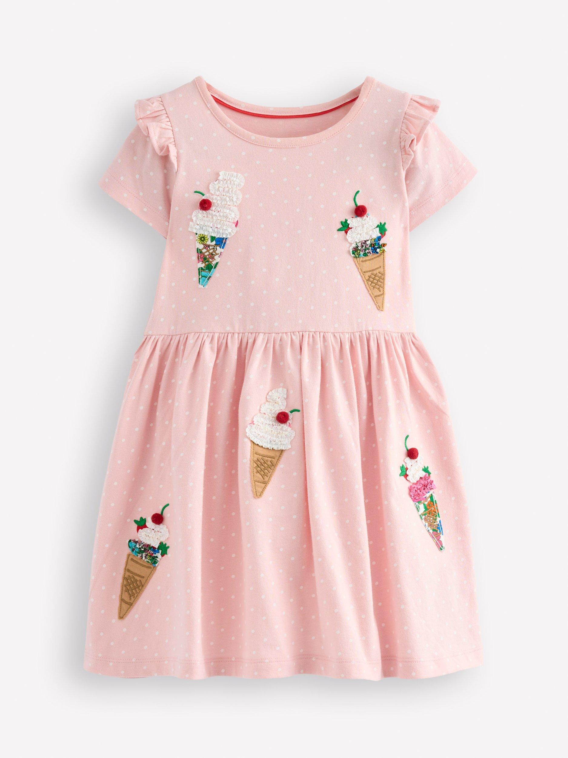 Product image 1 of 3, which shows Mini Boden Kids' Betty Jersey Applique Dress, Pink Ice Creams, 8-9 years