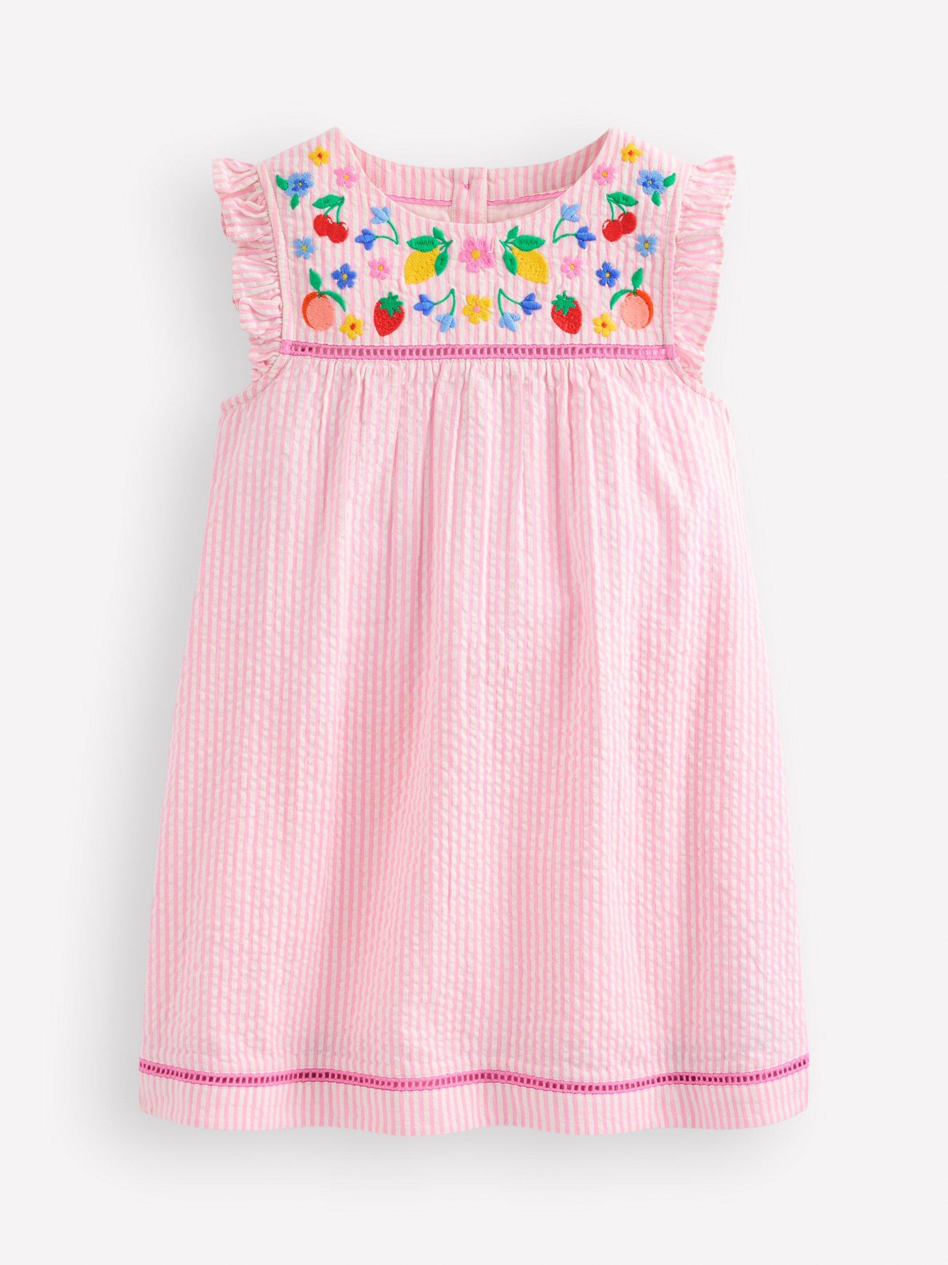 Product image 1 of 3, which shows Mini Boden Kids' Celia Woven Dress, Pink Stripe Fruit, 2-3 years