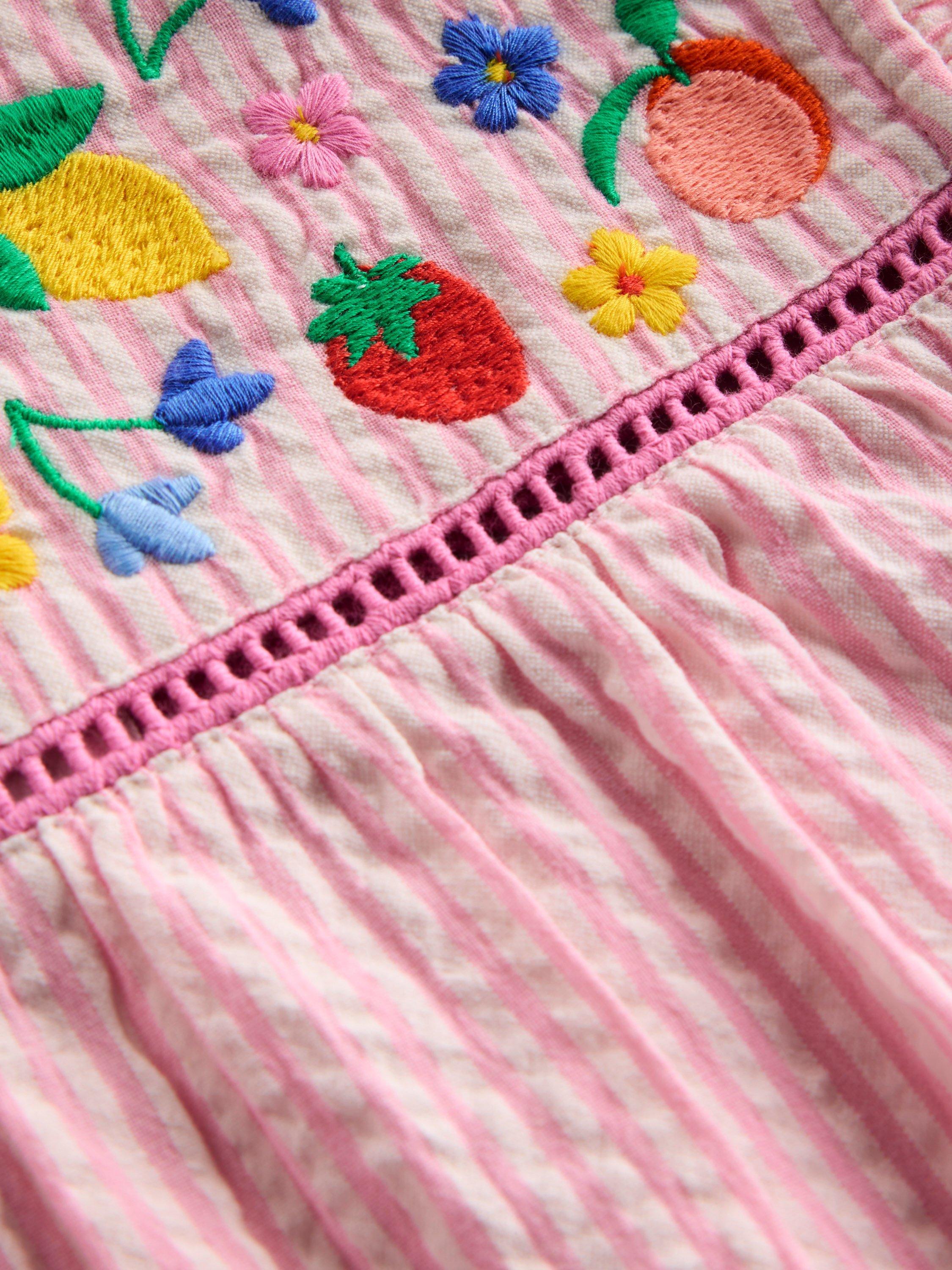 Product image 3 of 3, which shows Mini Boden Kids' Celia Woven Dress, Pink Stripe Fruit, 2-3 years