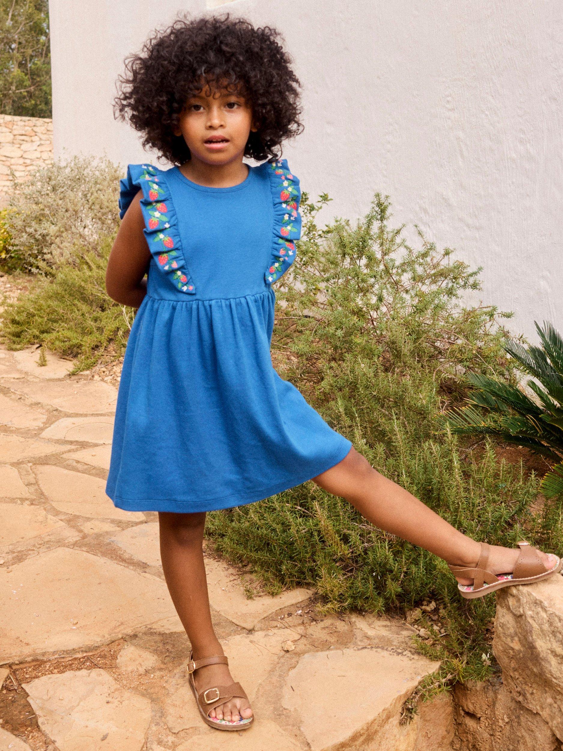 Product image 4 of 5, which shows Mini Boden Kids' Frieda Embroidered Dress, Gallery Blue, 6-7 years