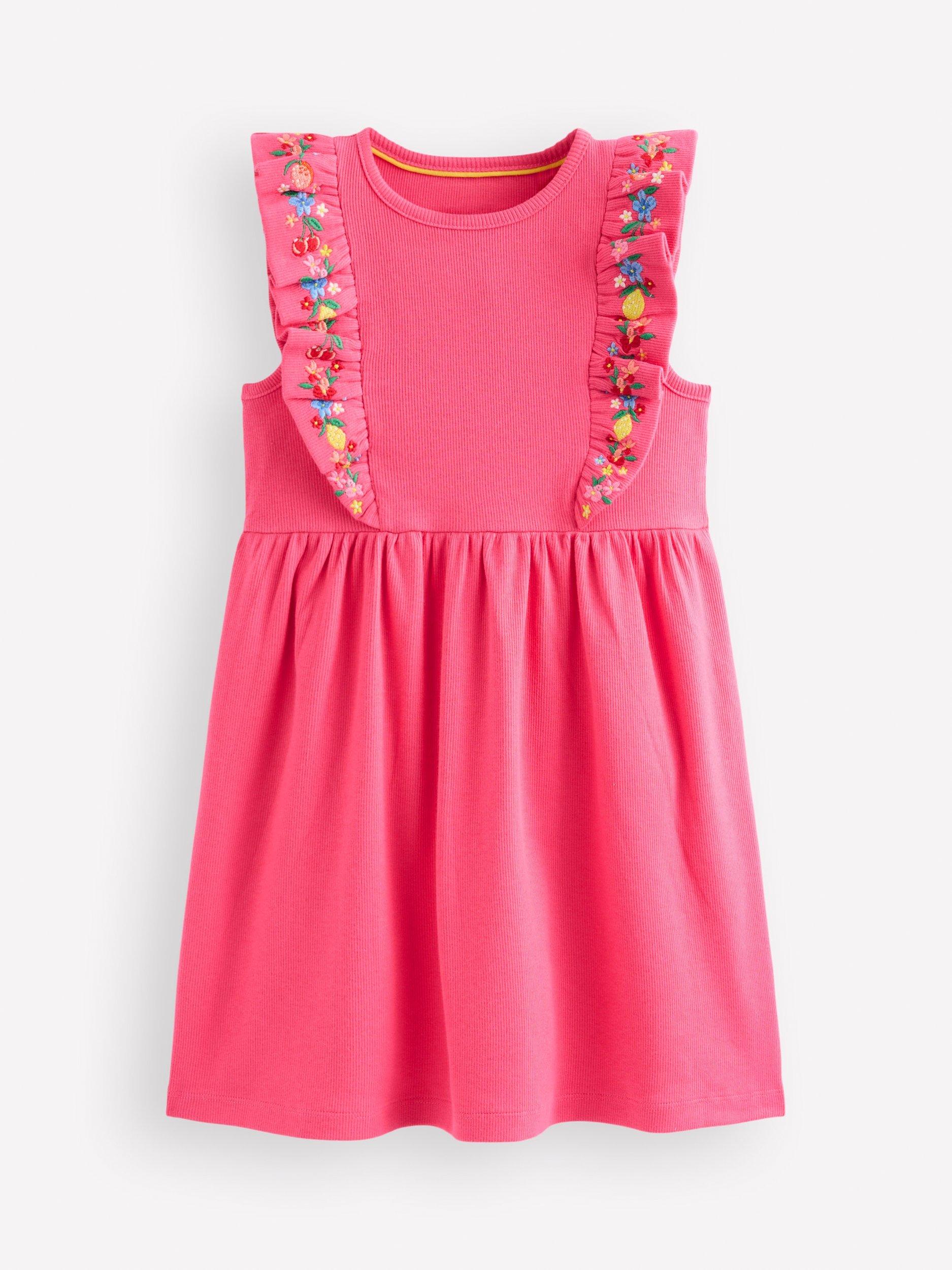 Product image 1 of 3, which shows Mini Boden Kids' Frieda Embroidered Dress, Rose Petal Pink, 3-4 years