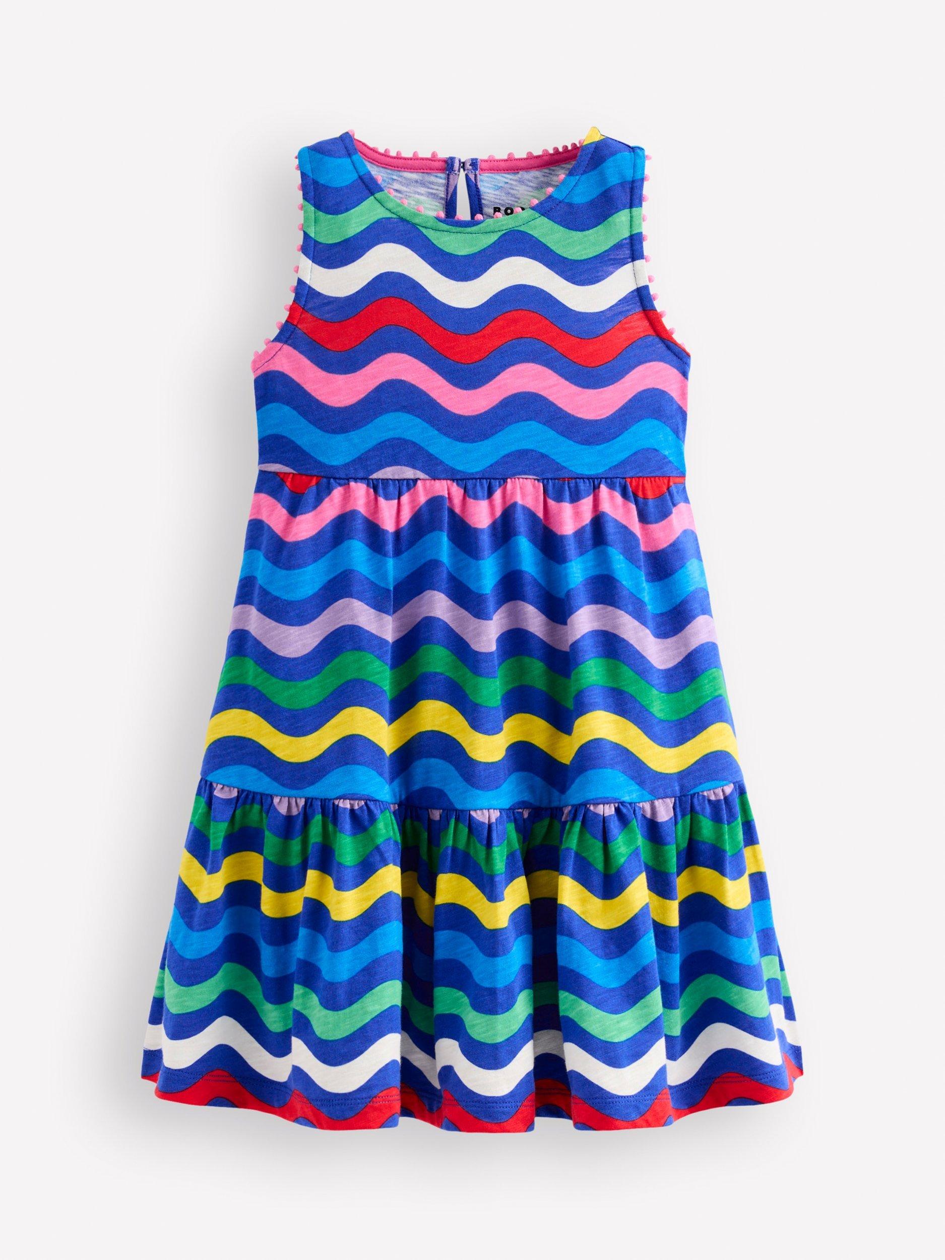 Product image 1 of 3, which shows Mini Boden Kids' Ali Pom Trim Jersey Dress, Blue Wave Stripe, 2-3 years