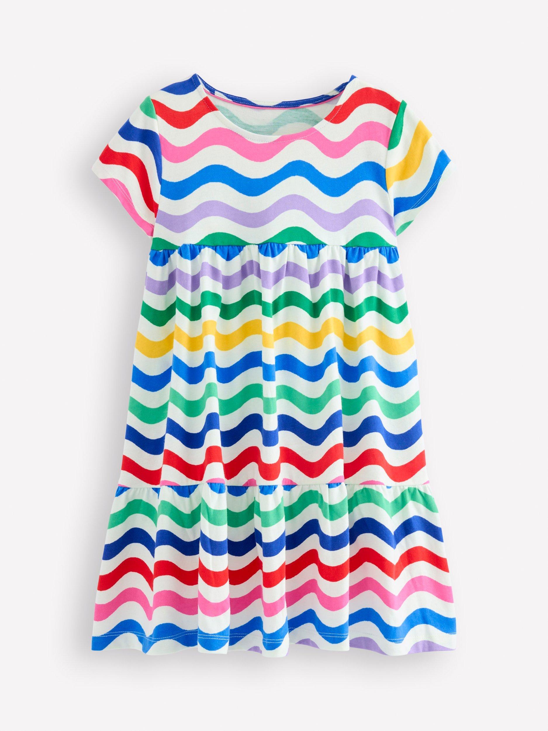 Product image 1 of 4, which shows Mini Boden Kids' Ariel Twirly Jersey Dress, Multi Wave, 2-3 years