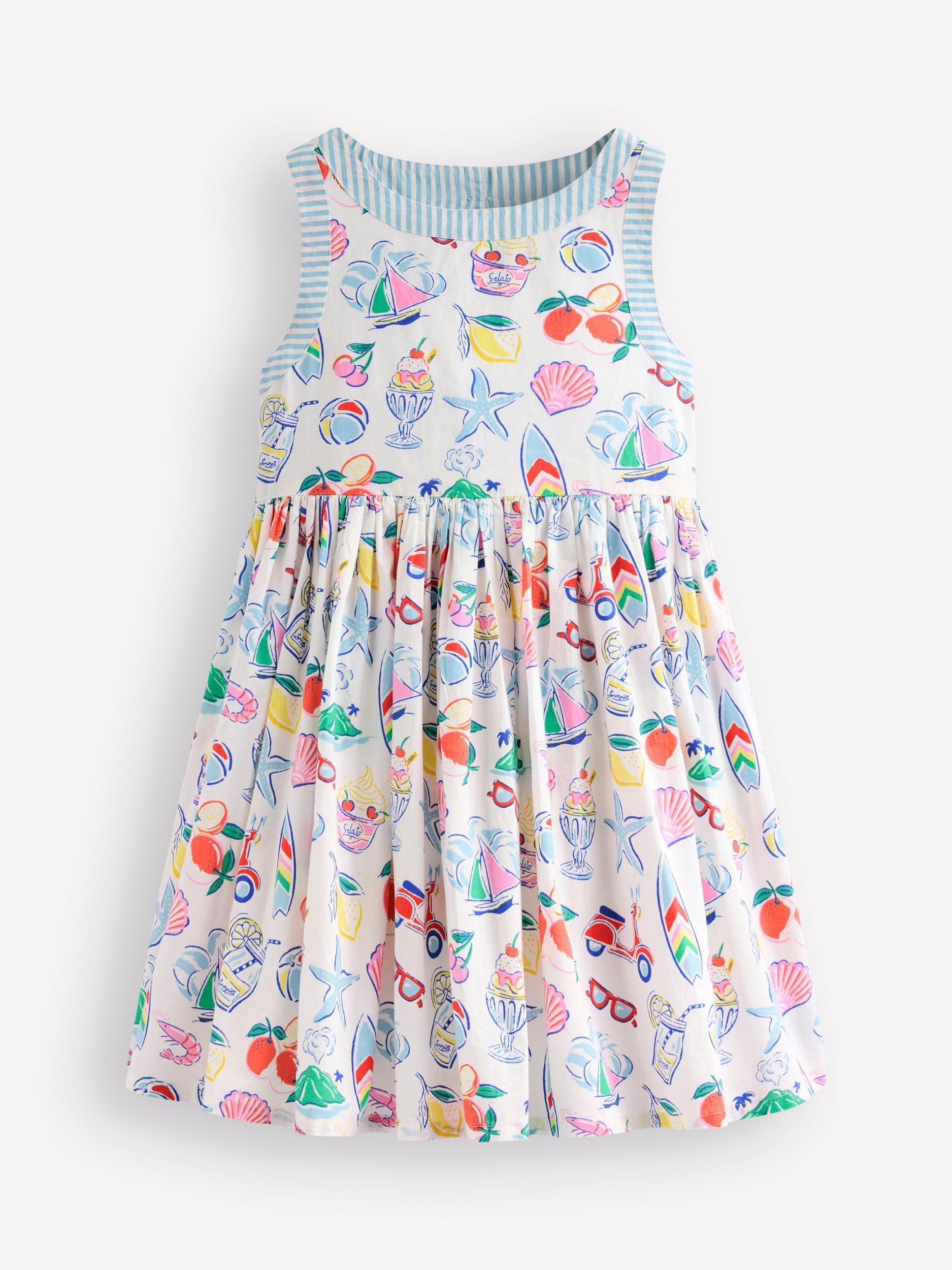 Product image 1 of 3, which shows Mini Boden Kids' Harlow Strappy Back Cotton Dress, Ivory Holiday Print, 2-3 years