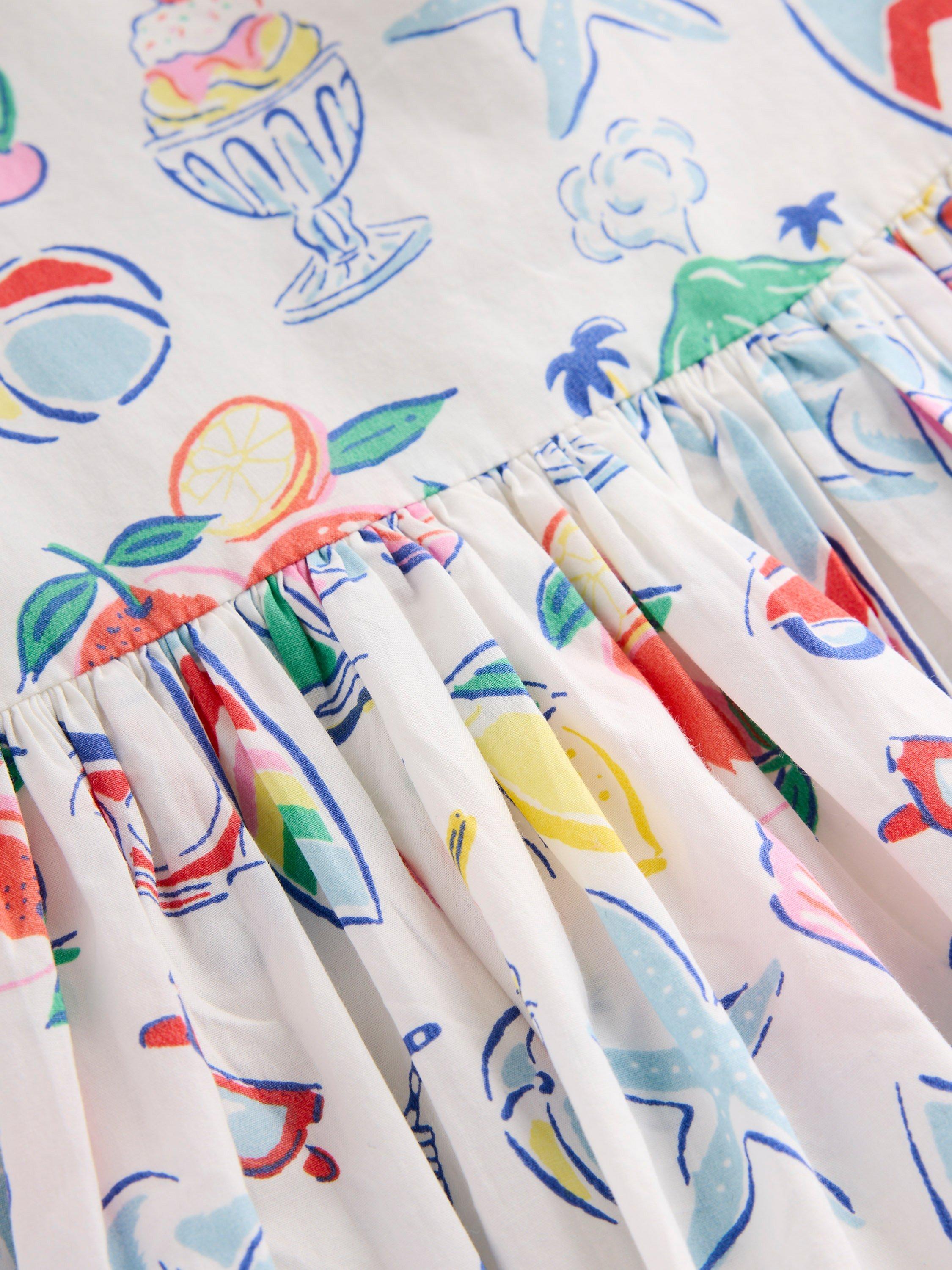 Product image 3 of 3, which shows Mini Boden Kids' Harlow Strappy Back Cotton Dress, Ivory Holiday Print, 2-3 years