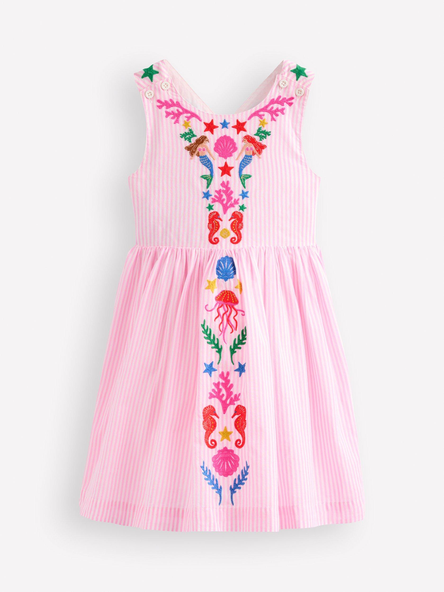Mini Boden Kids' Harper Cotton Embroidered Cross-Back Dress, Pink Mermaid