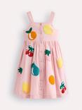 Mini Boden Kids' Remy Button Through Pinafore Dress, Pink Boucle Fruit