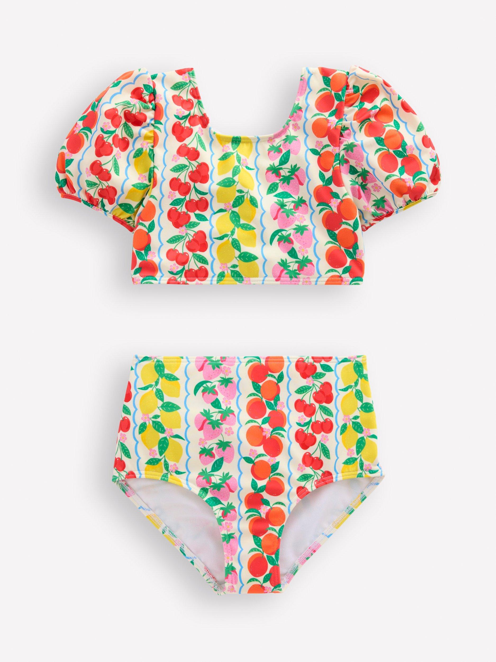 Mini Boden Kids' Sandy Puff Sleeve Bikini, Rainbow Fruit Stripe