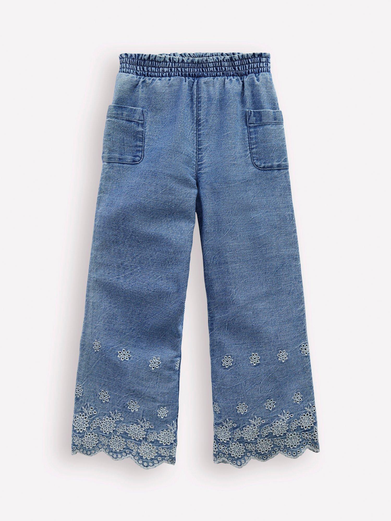 Product image 1 of 3, which shows Mini Boden Kids' Broderie Hem Trousers, Blue Indigo, 2-3 years