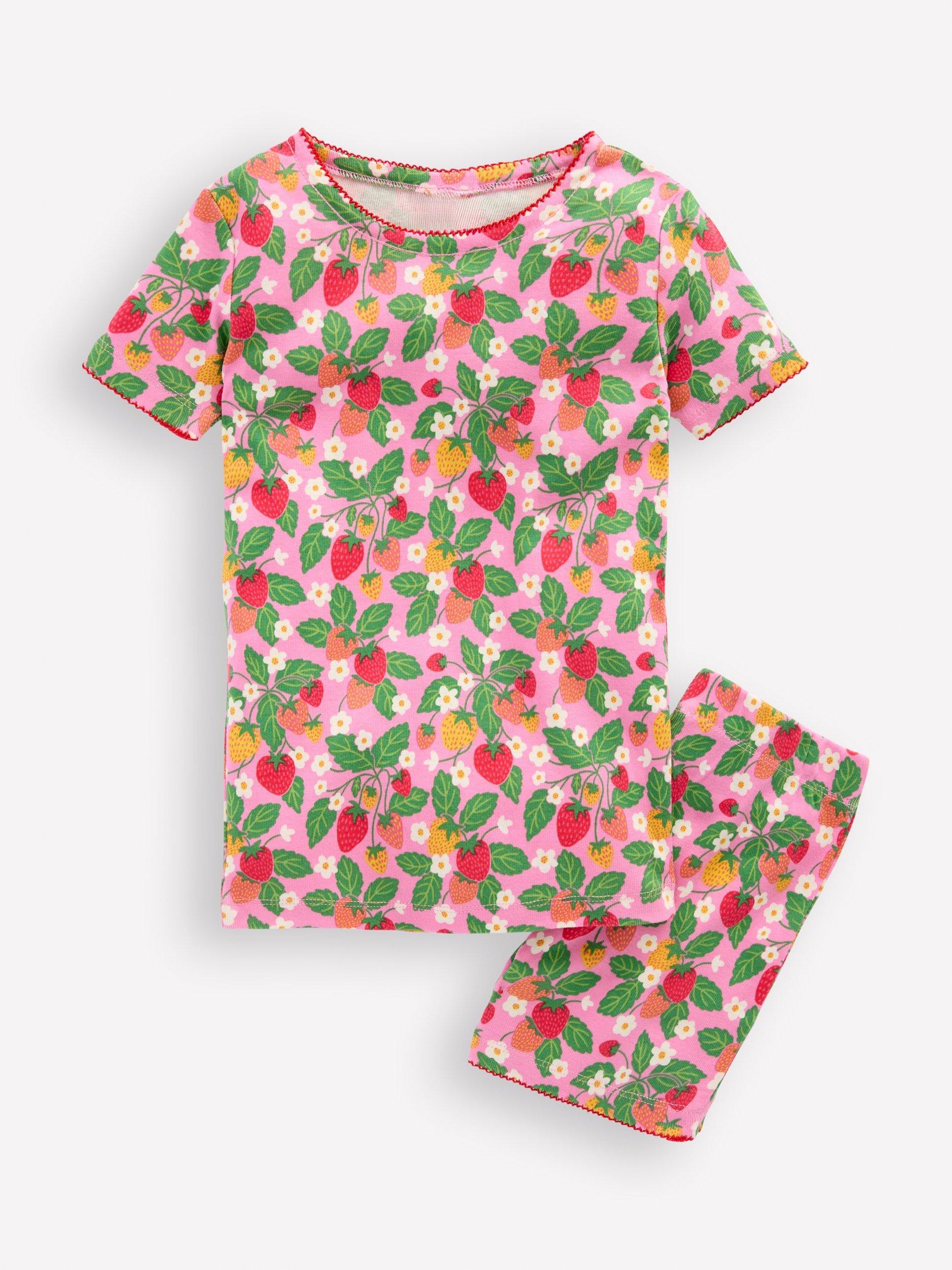 Product image 1 of 3, which shows Mini Boden Kids' Snug T-Shirt & Shorts Pyjamas, Strawberry Patch, 2 years