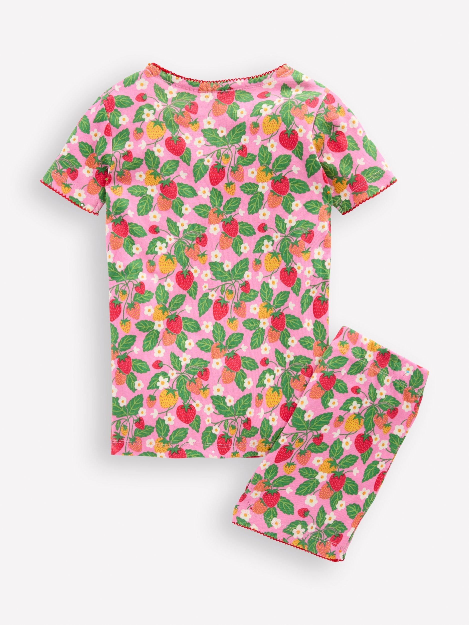 Product image 2 of 3, which shows Mini Boden Kids' Snug T-Shirt & Shorts Pyjamas, Strawberry Patch, 2 years
