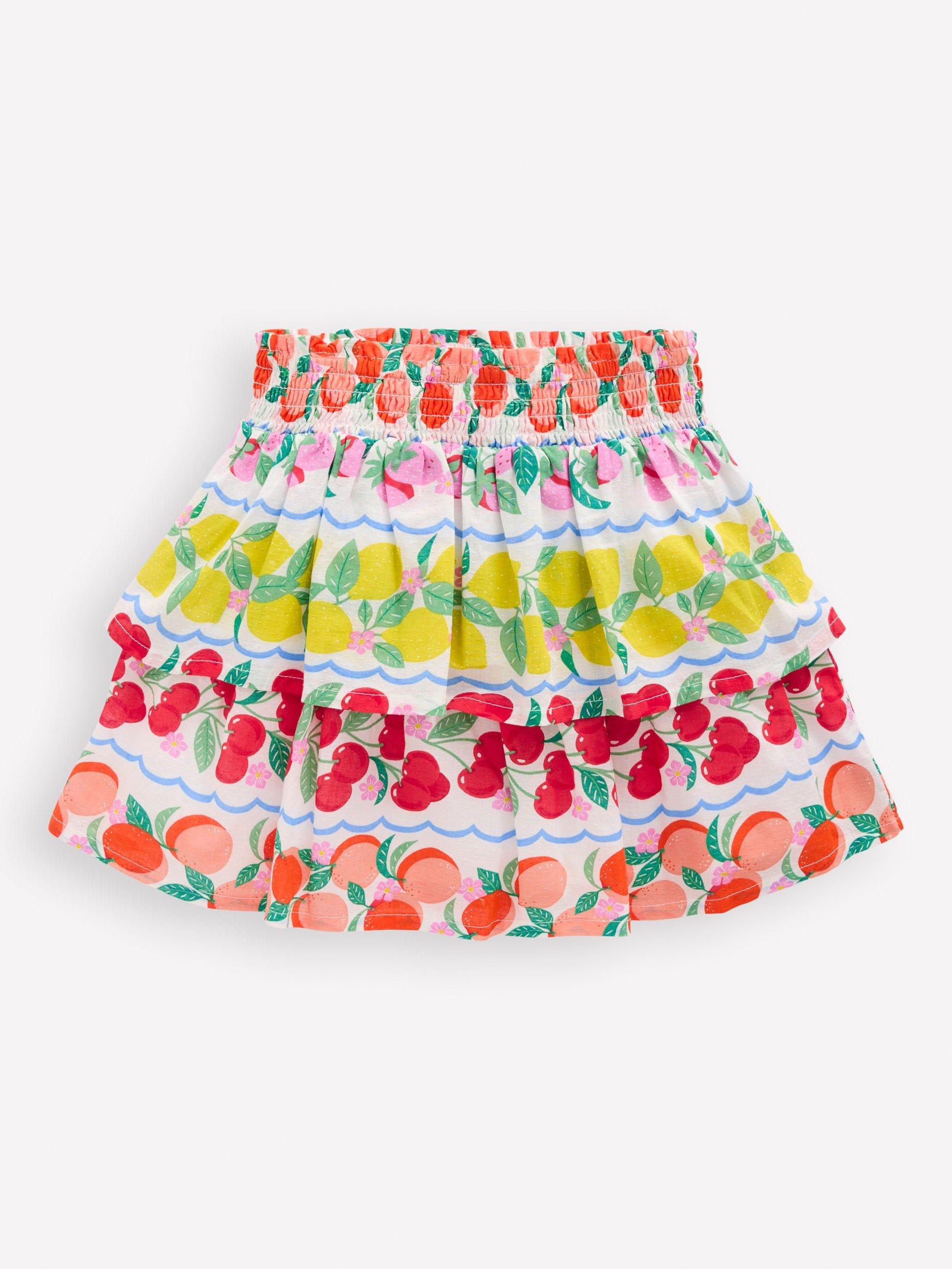 Product image 1 of 3, which shows Mini Boden Kids' Cotton Woven Tiered Skirt, Rainbow Fruit Stripe, 2-3 years