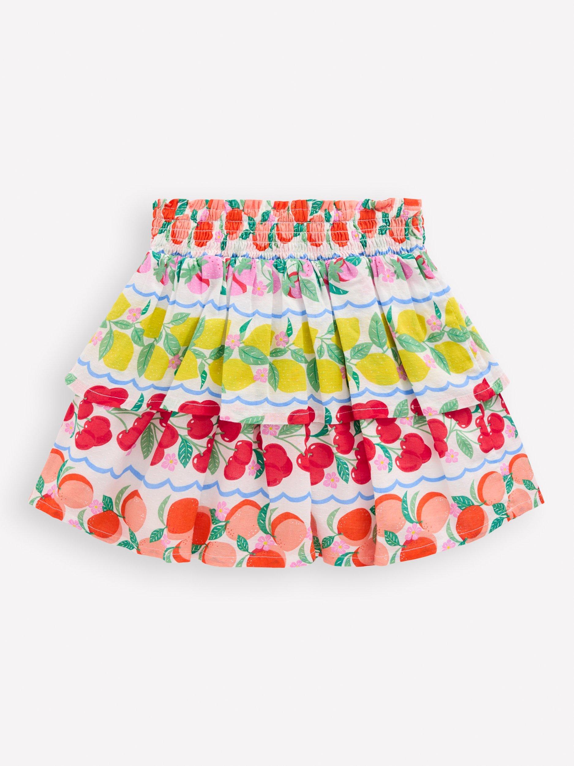 Product image 2 of 3, which shows Mini Boden Kids' Cotton Woven Tiered Skirt, Rainbow Fruit Stripe, 2-3 years