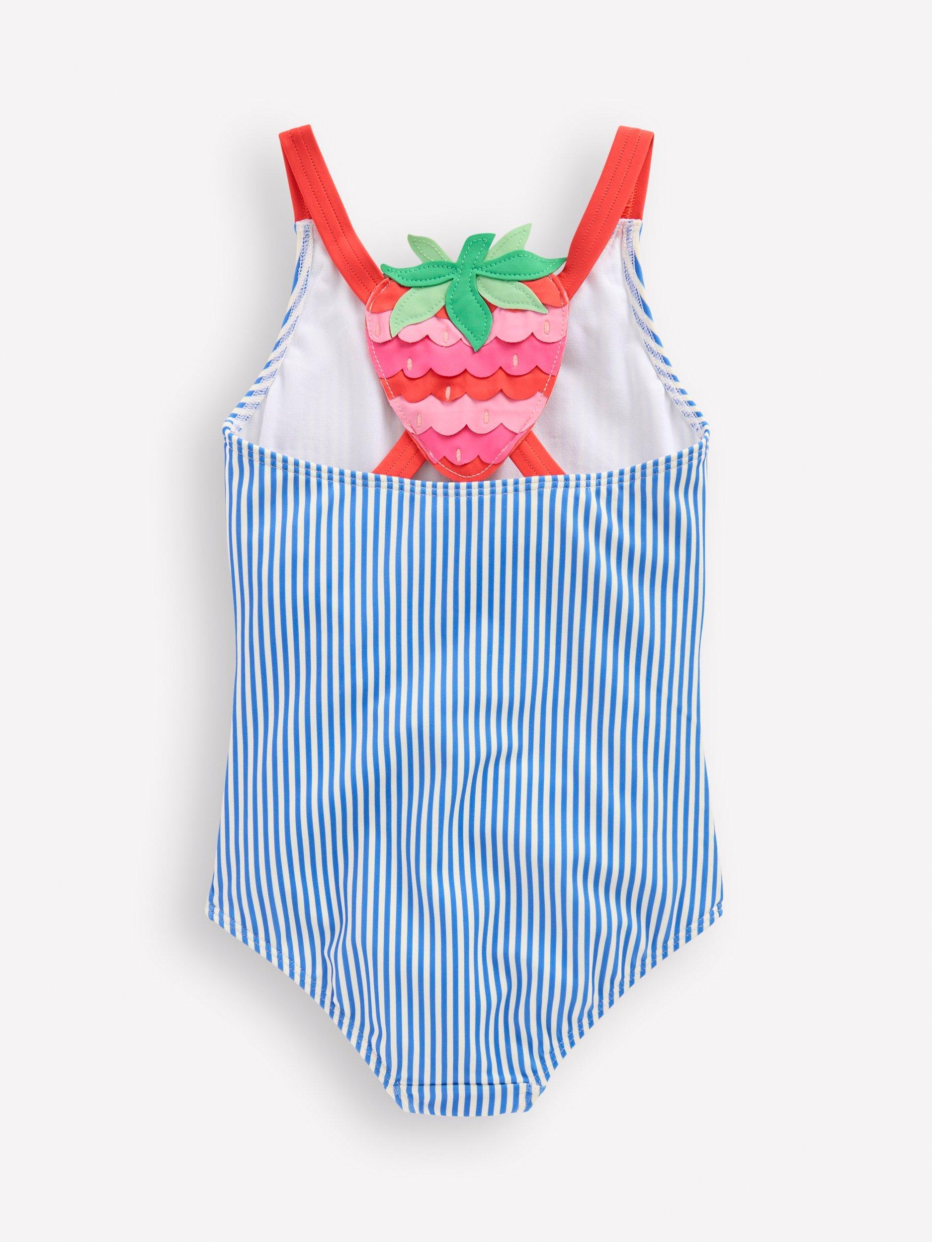 Product image 2 of 5, which shows Mini Boden Kids' Bold Applique Swimsuit, Blue Strawberry, 8-9 years
