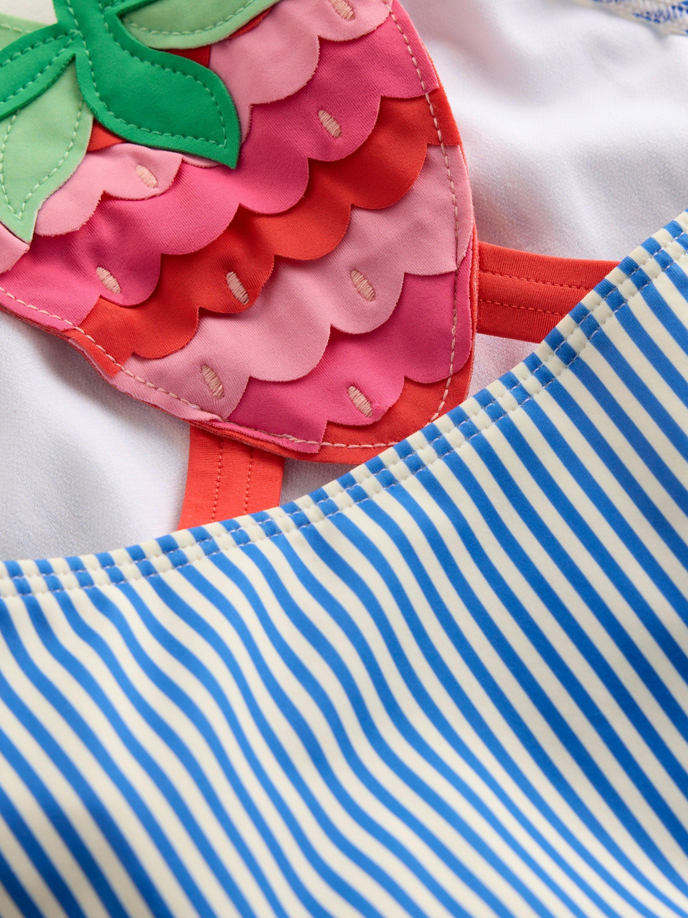 Product image 3 of 5, which shows Mini Boden Kids' Bold Applique Swimsuit, Blue Strawberry, 8-9 years