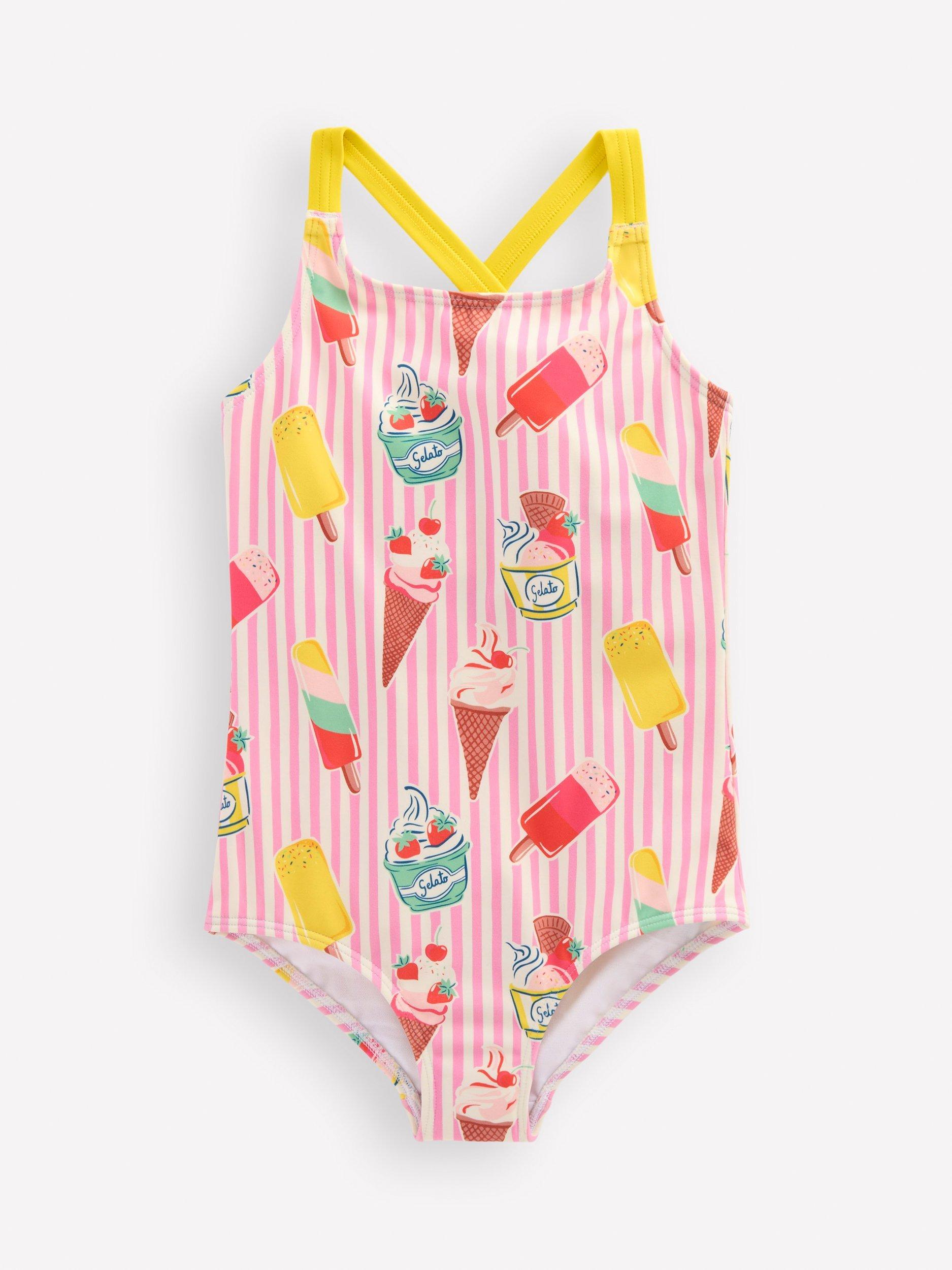 Product image 1 of 5, which shows Mini Boden Kids' Cross-Back Printed Swimsuit, Pink Stripe, 2-3 years