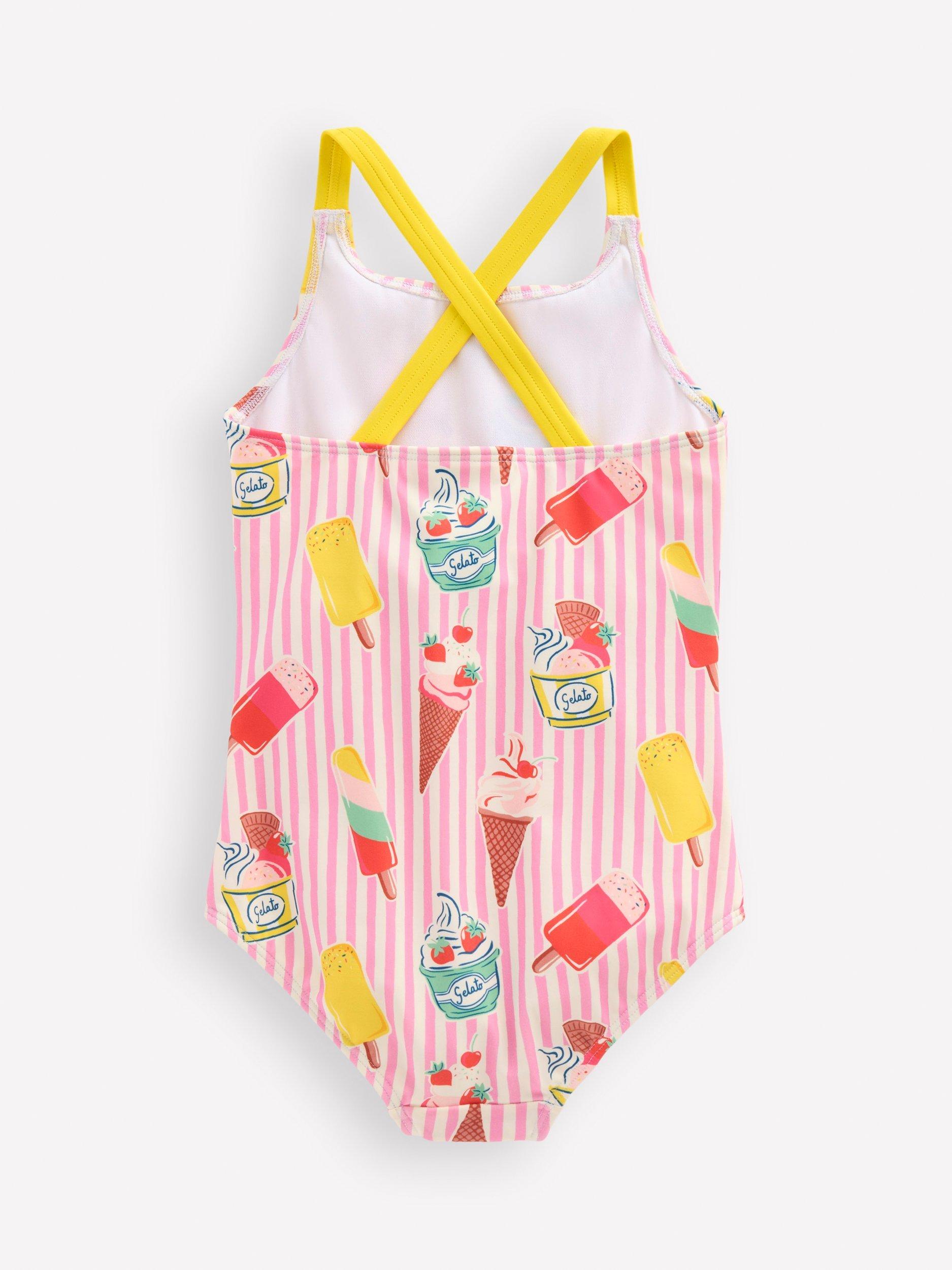 Product image 2 of 5, which shows Mini Boden Kids' Cross-Back Printed Swimsuit, Pink Stripe, 2-3 years