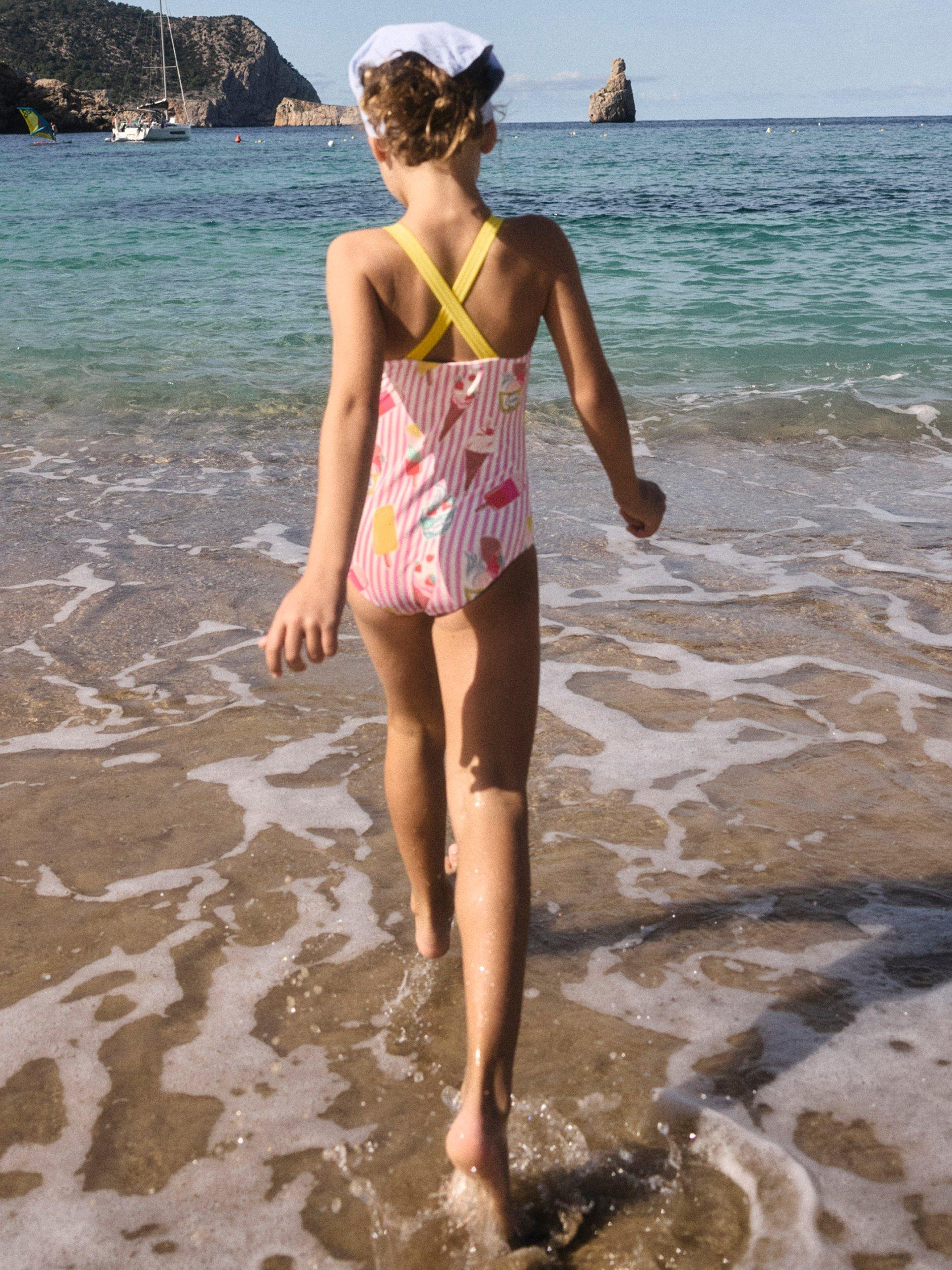 Product image 5 of 5, which shows Mini Boden Kids' Cross-Back Printed Swimsuit, Pink Stripe, 2-3 years