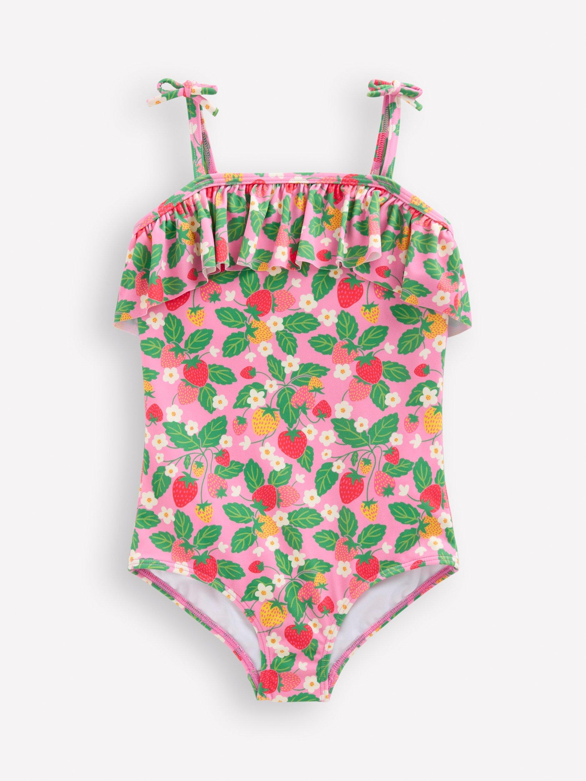 Product image 1 of 3, which shows Mini Boden Kids' Tallulah Frill Swimsuit, Strawberry Patch, 3-4 years