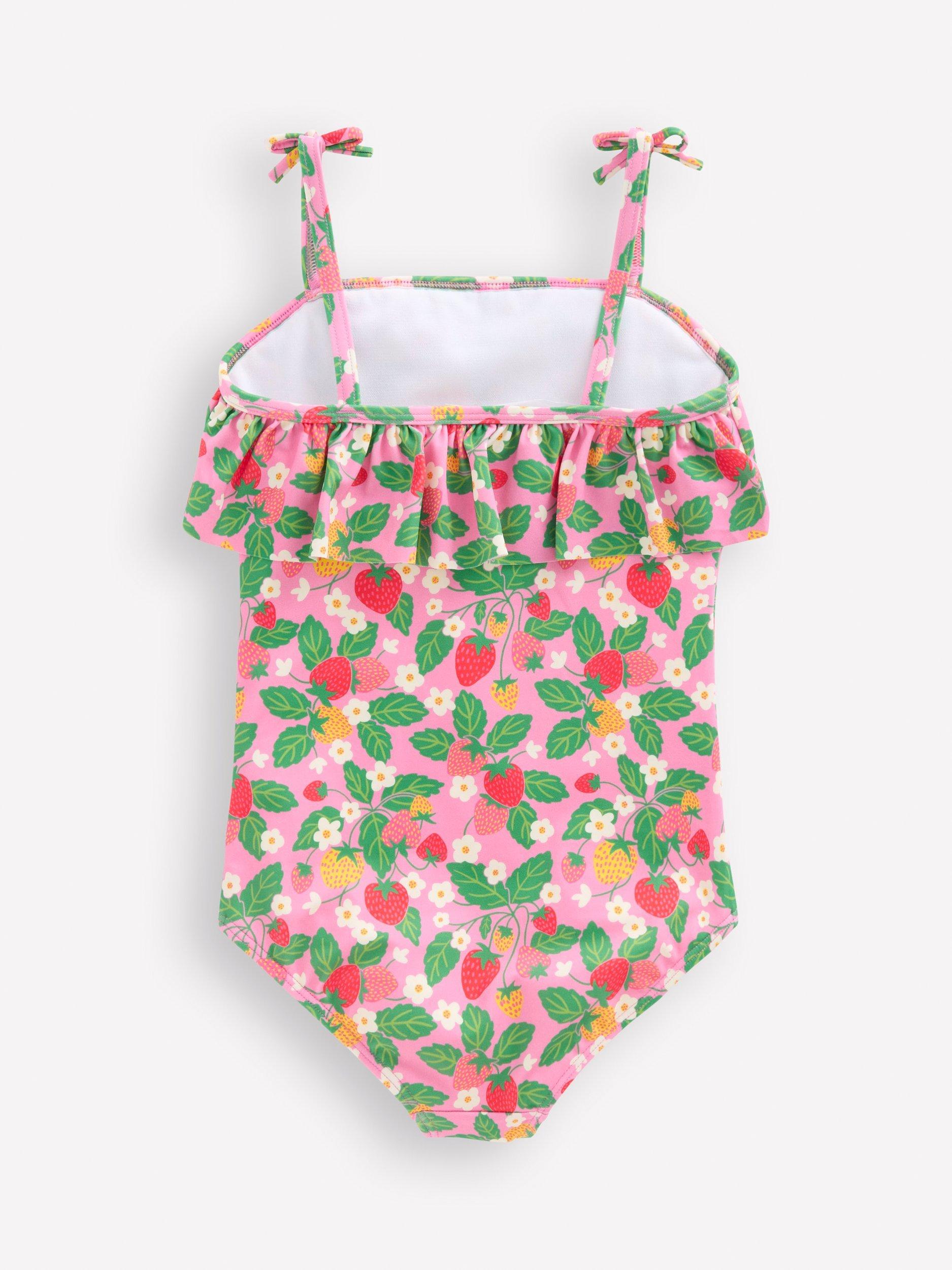Product image 2 of 3, which shows Mini Boden Kids' Tallulah Frill Swimsuit, Strawberry Patch, 3-4 years