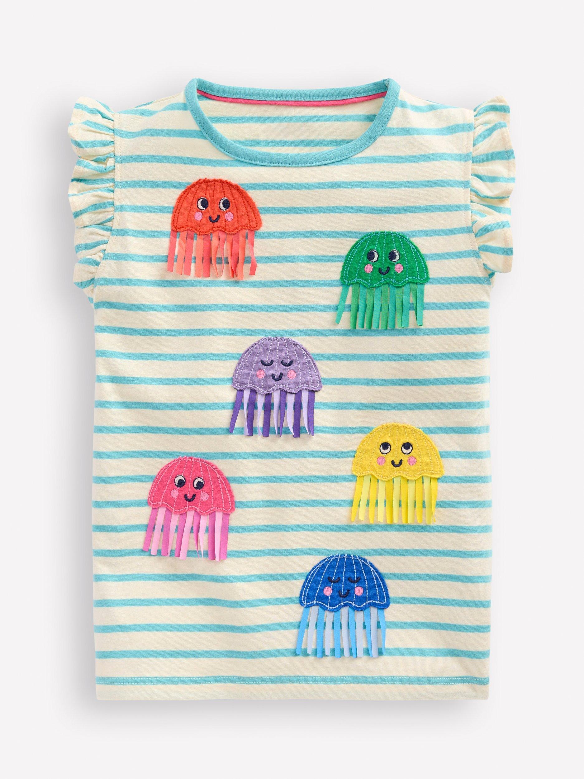 Mini Boden Kids' Cotton Stripe & Jellyfish T-Shirt, Blue Jellyfish