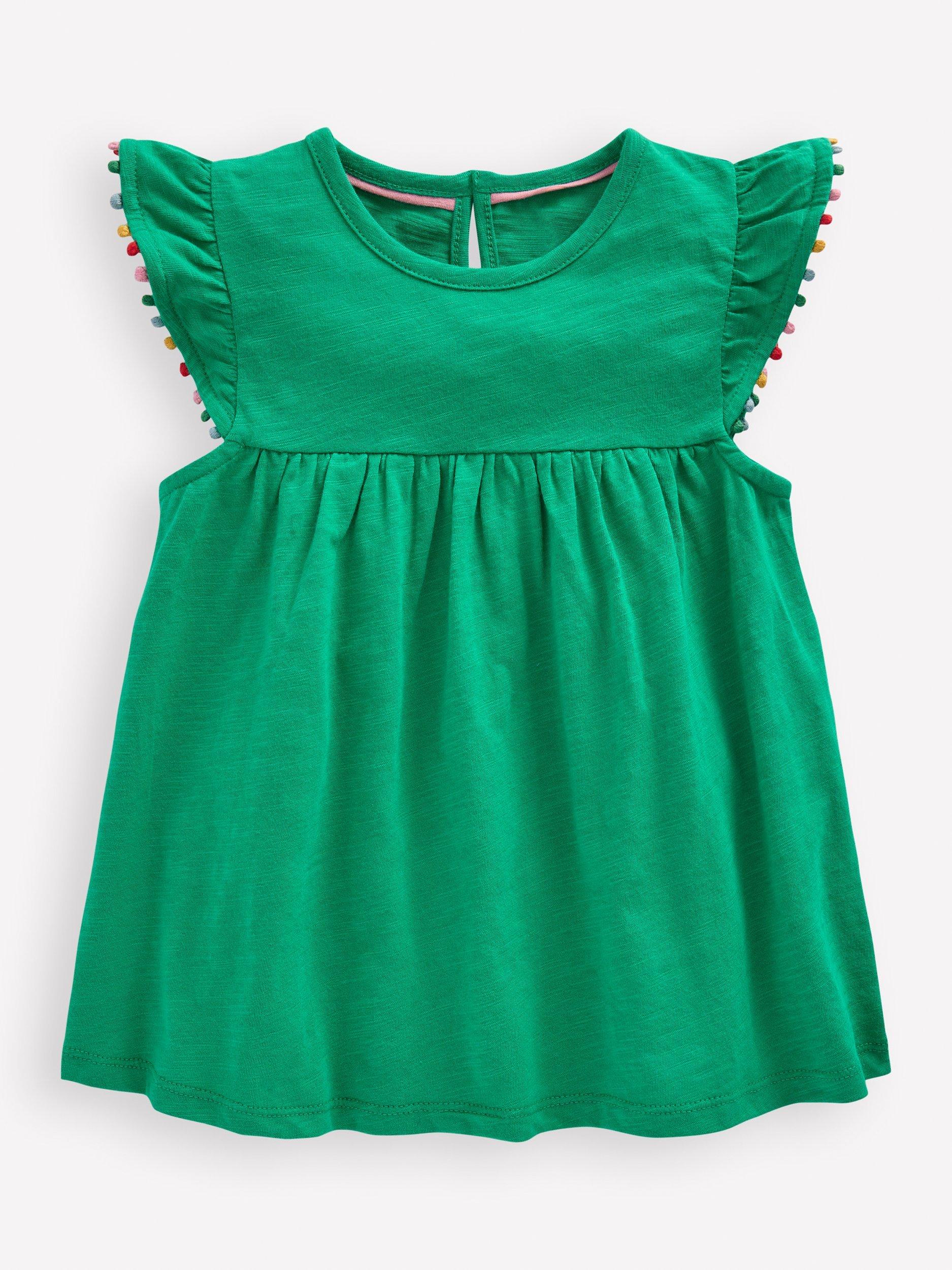 Product image 1 of 3, which shows Mini Boden Kids' Frill Sleeve Top, Bright Emerald, 12-18 months