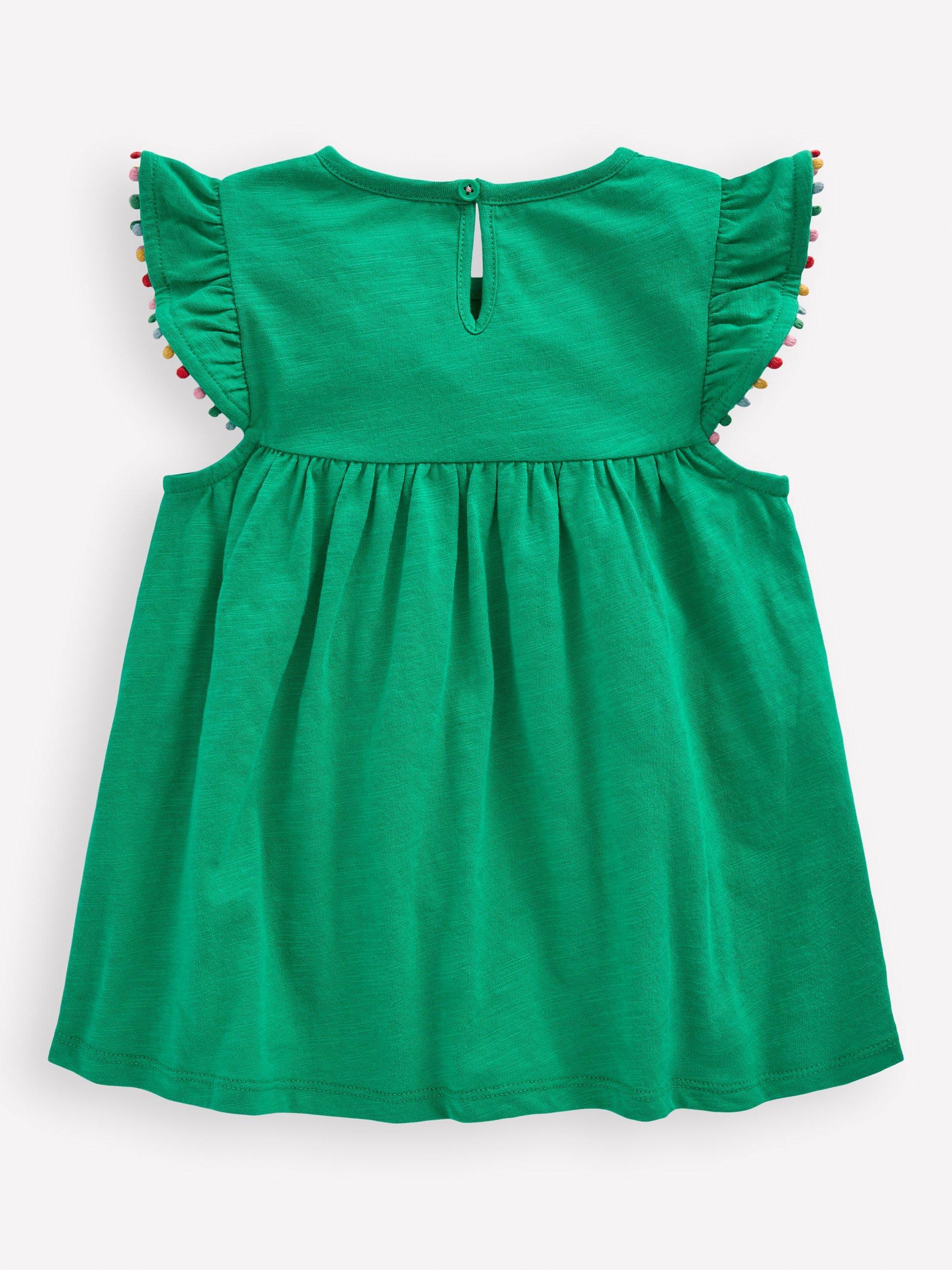 Product image 2 of 3, which shows Mini Boden Kids' Frill Sleeve Top, Bright Emerald, 12-18 months
