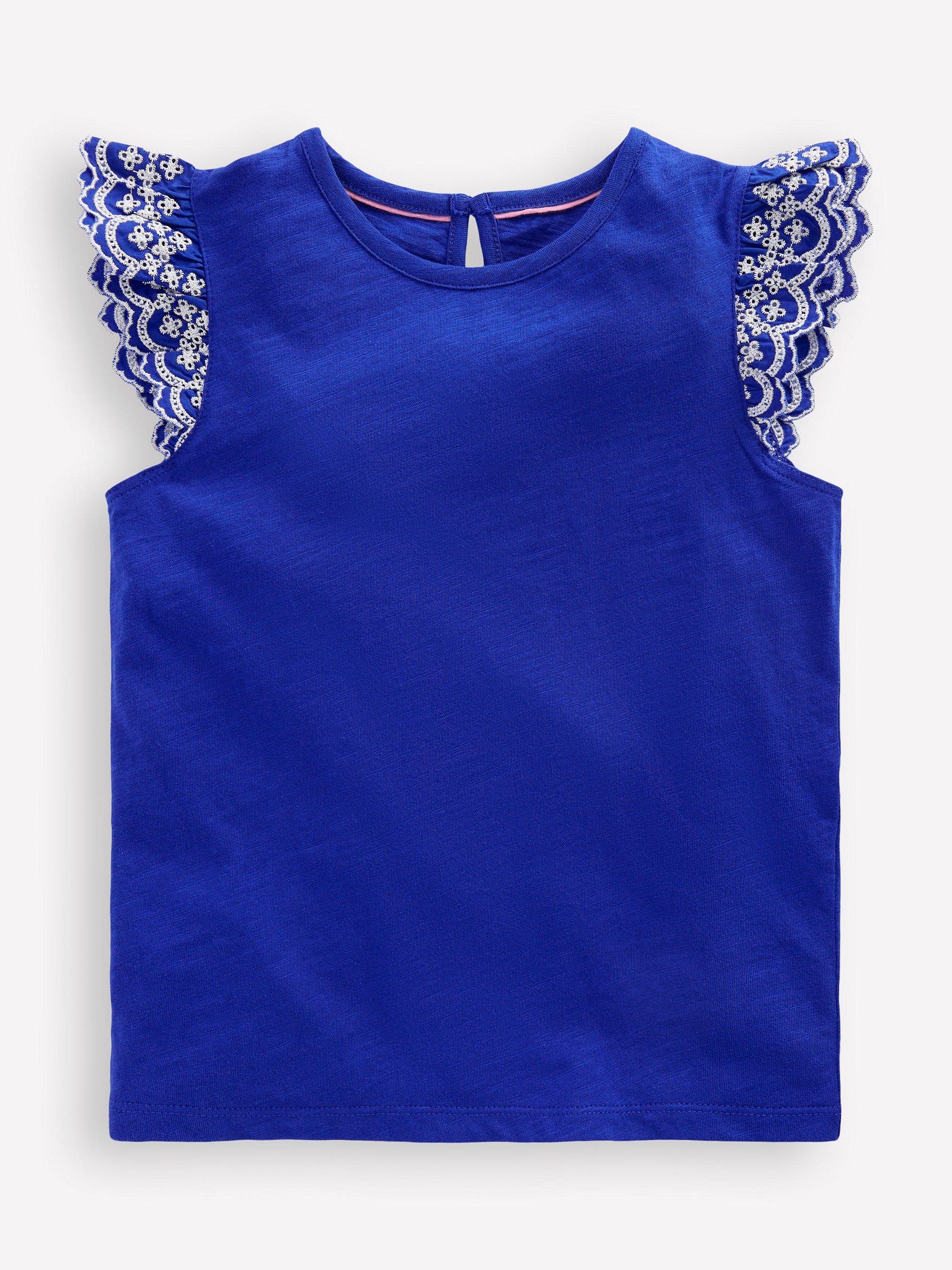 Product image 1 of 3, which shows Mini Boden Kids' Margaret Broderie Frill Sleeveless Cotton Top, Orion Blue, 3-4 years