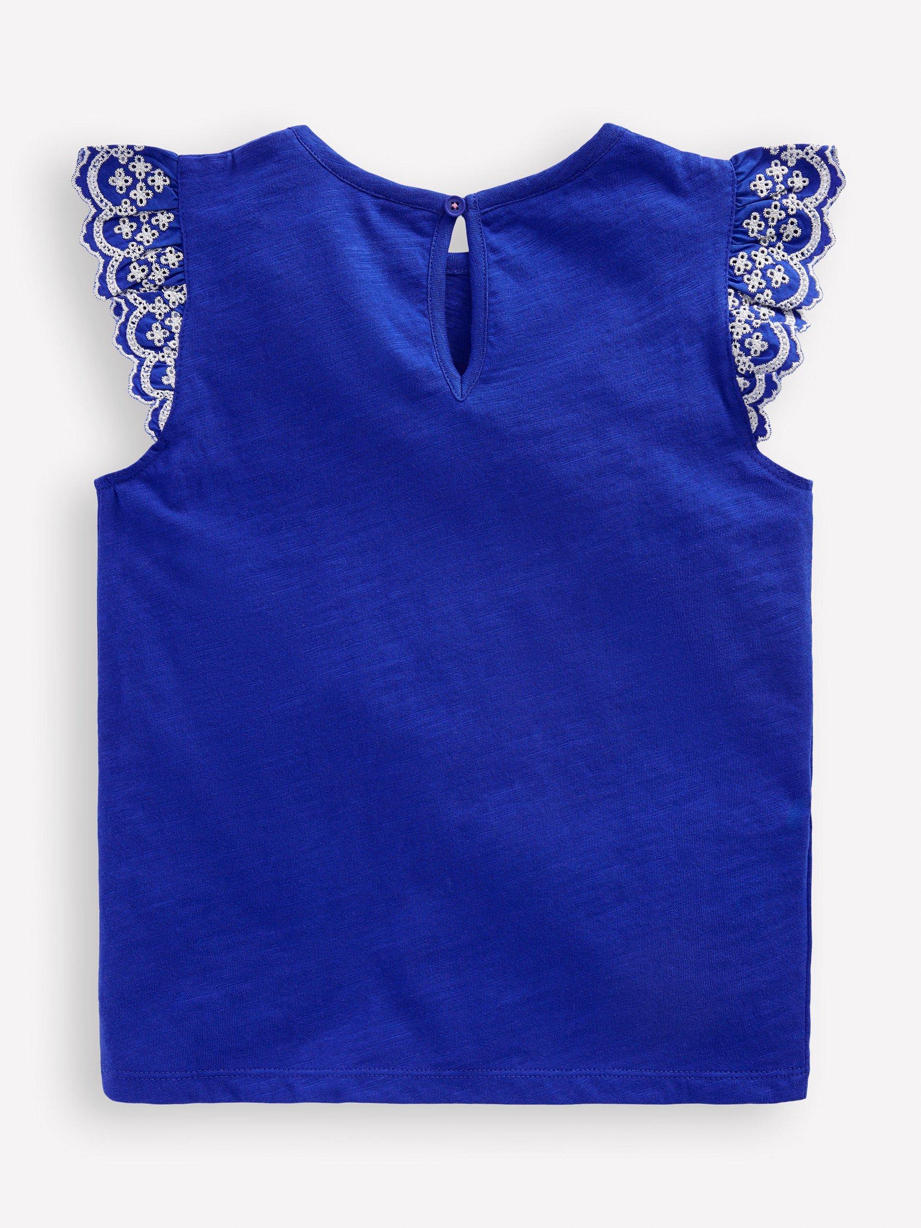 Product image 2 of 3, which shows Mini Boden Kids' Margaret Broderie Frill Sleeveless Cotton Top, Orion Blue, 3-4 years
