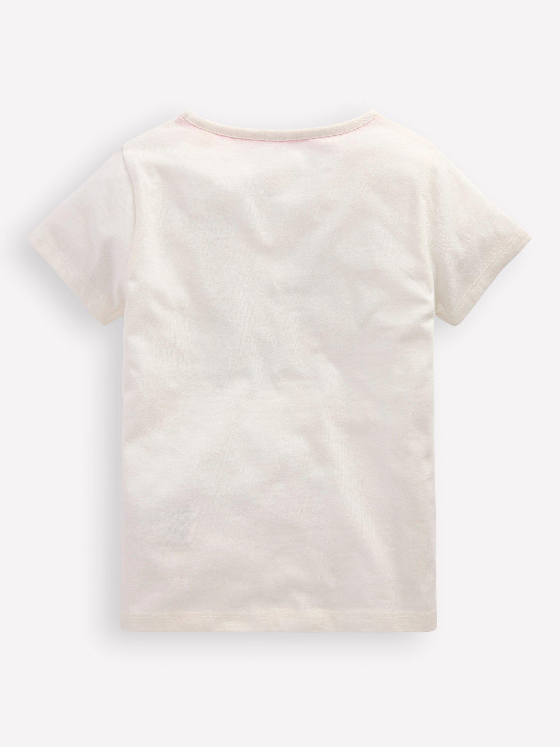 Product image 2 of 3, which shows Mini Boden Kids' Cotton Appliqué Short Sleeve T-Shirt, Ivory Rafting Pets, 3-4 years