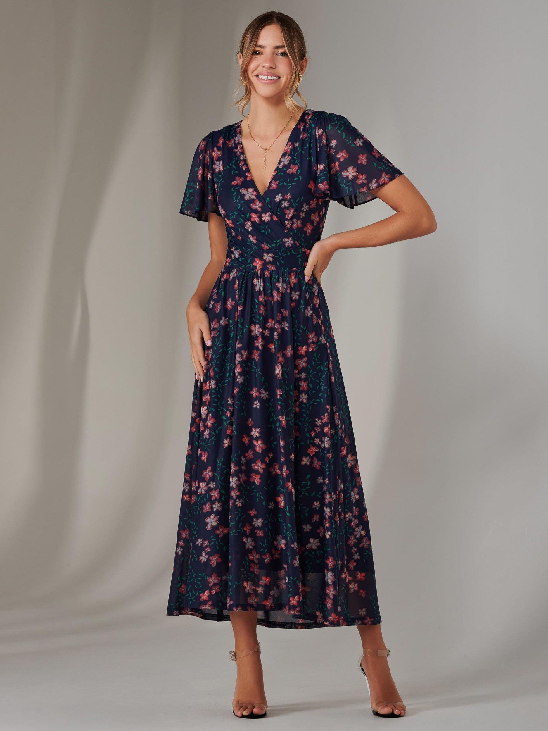Jolie Moi Floral Mesh Midaxi Dress, Navy