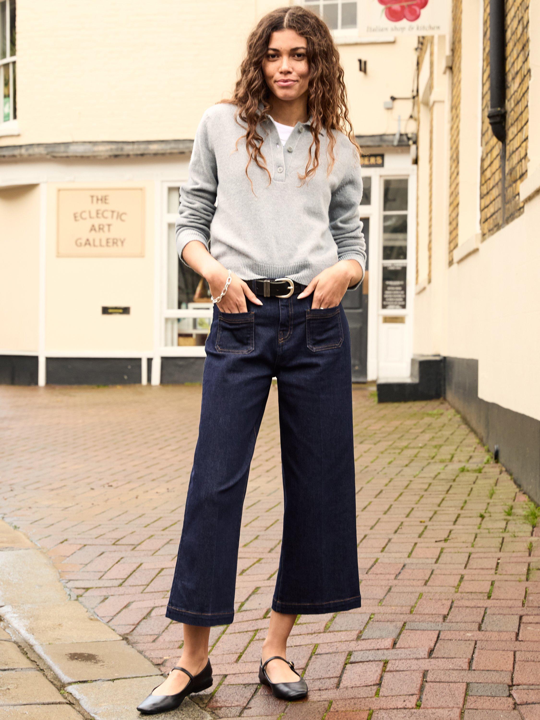 Product image 1 of 5, which shows Baukjen Jena Organic Cotton Rich Wide Crop Jeans, Dark Denim, 6