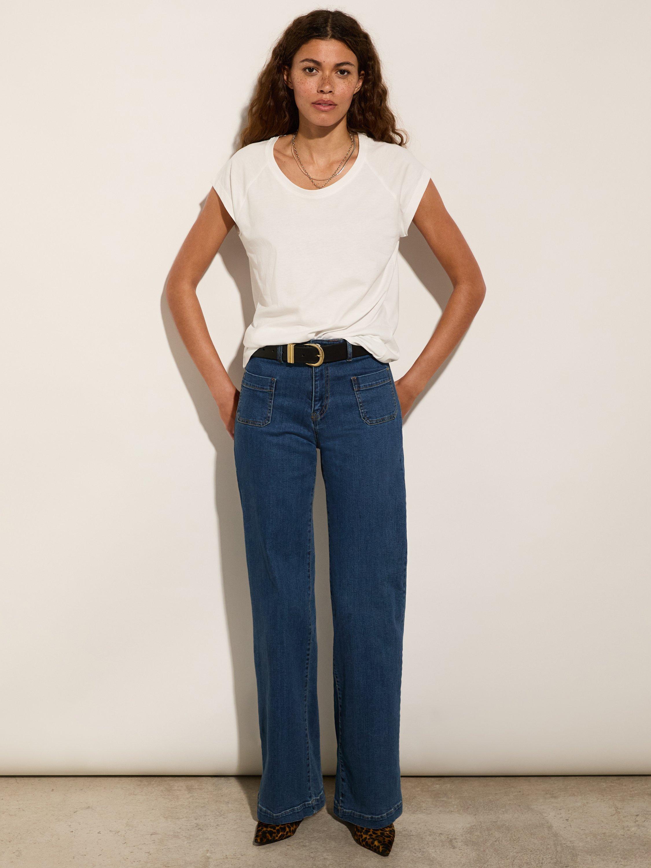 Product image 1 of 6, which shows Baukjen Robyn Organic Cotton Rich Wide Leg Jeans, Washed Indigo, 10