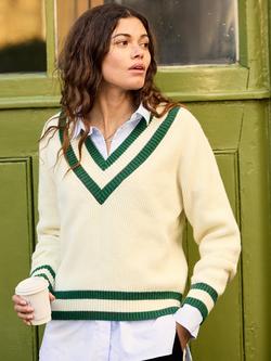 Baukjen Kertinker Pure Wool Cricket Jumper, Cream/Forest Green, Cream/Forest Green