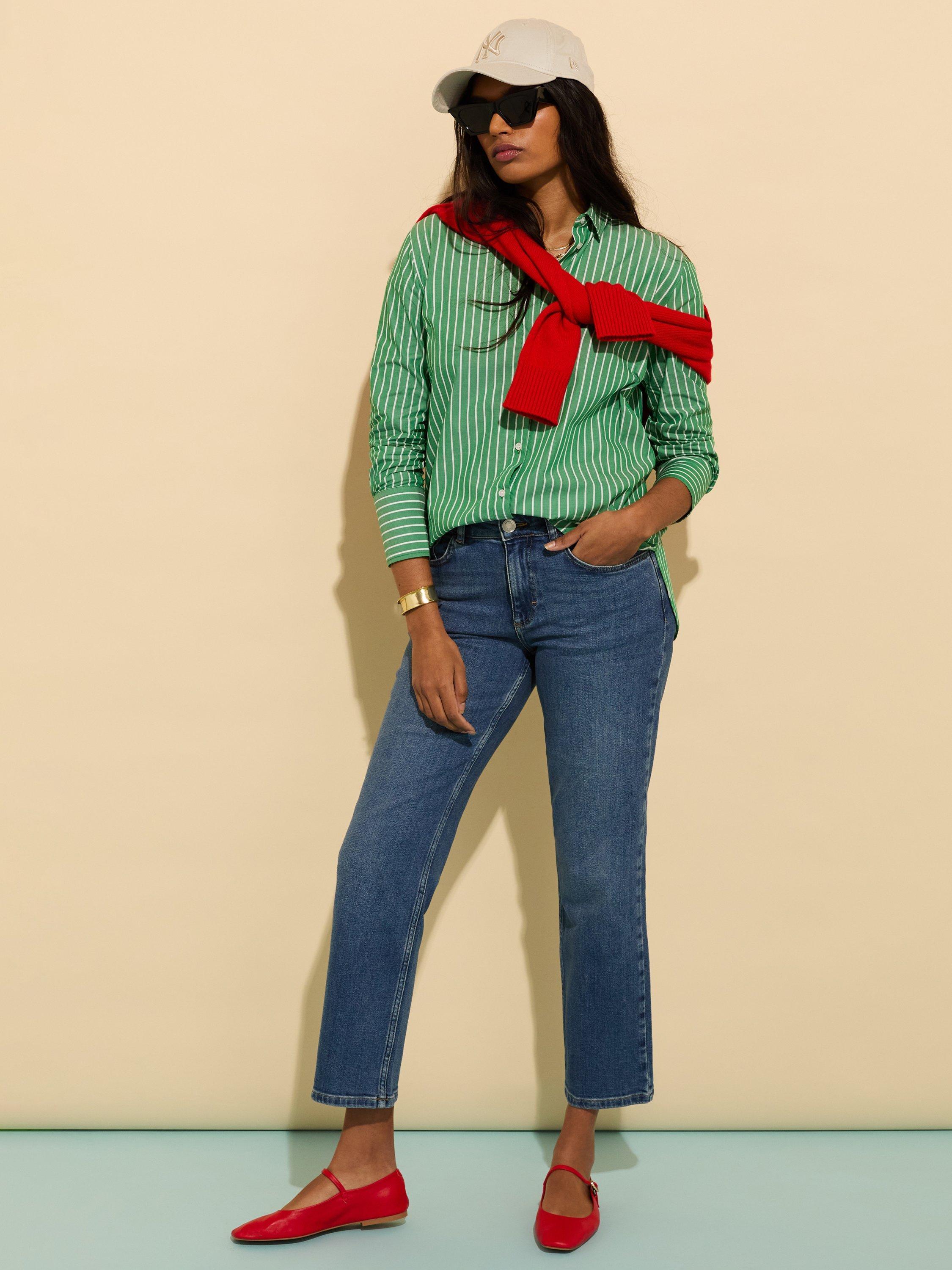 Product image 1 of 5, which shows Baukjen Rishma Stripe Pure Organic Cotton Shirt, Emerald/White, 10