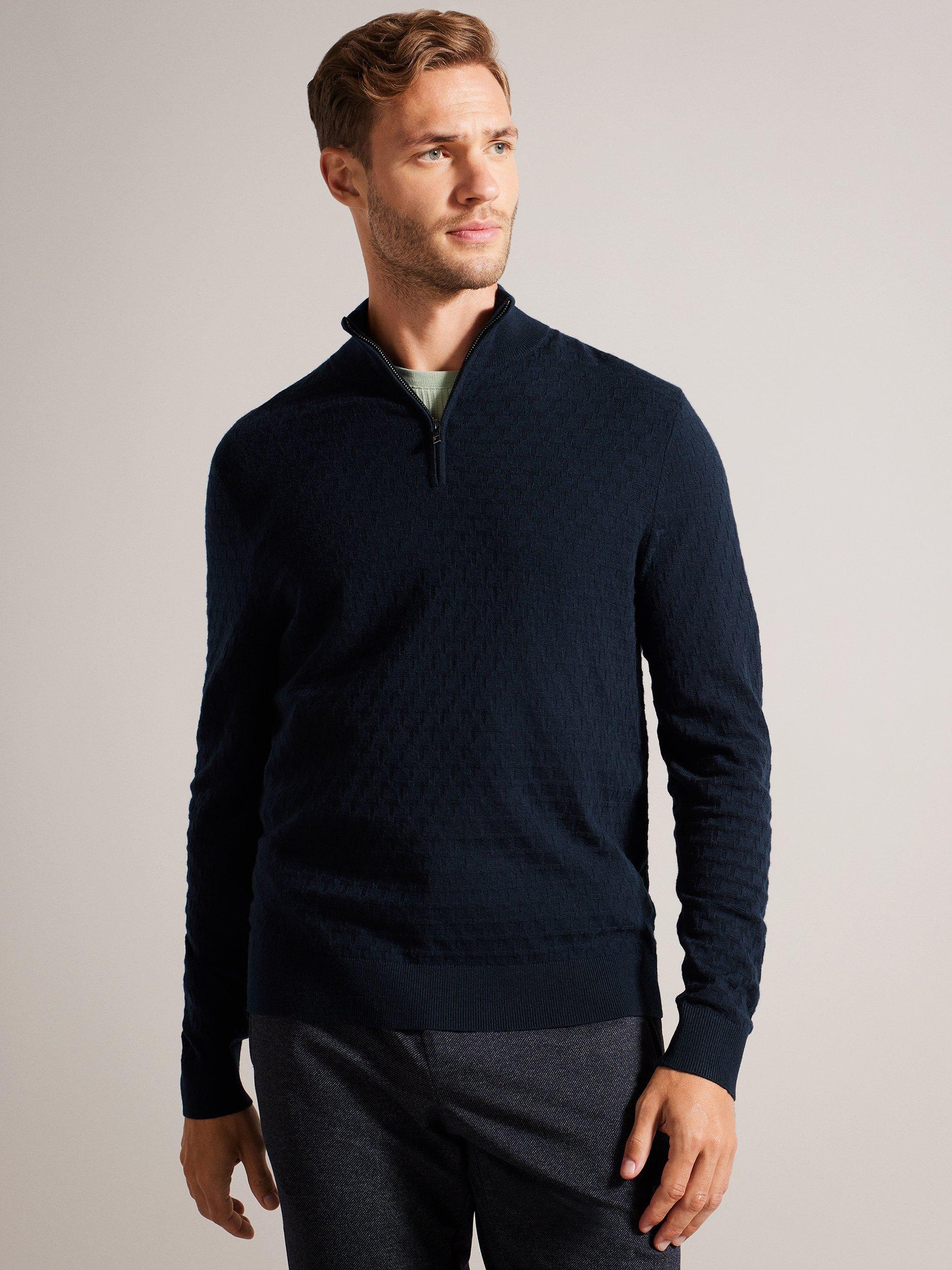 Product image 1 of 7, which shows Ted Baker Kurnle Stitch Half-Zip Jumper, Navy, XS