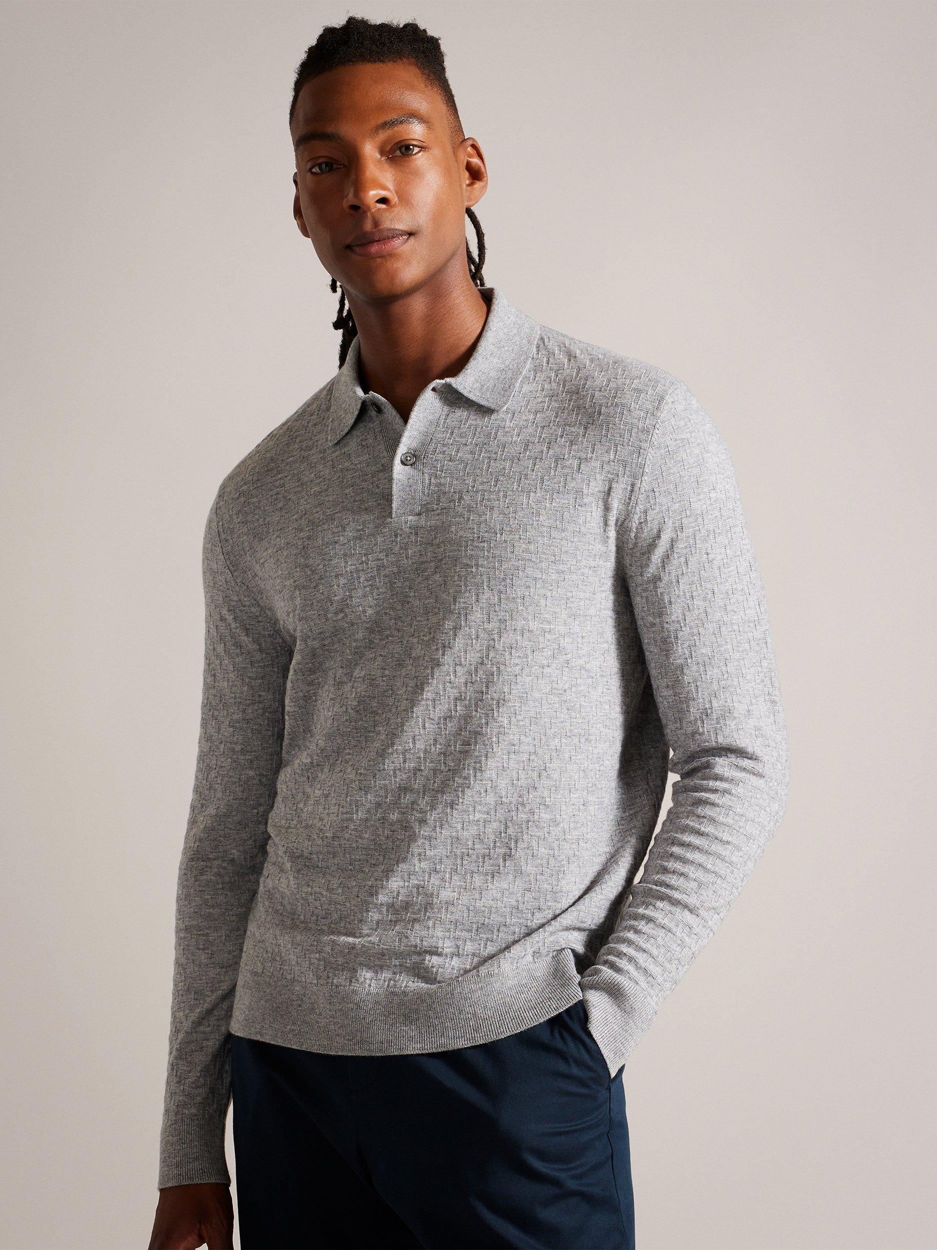 Product image 1 of 6, which shows Ted Baker Morar Stitch Knitted Polo Shirt, Grey Marl, S