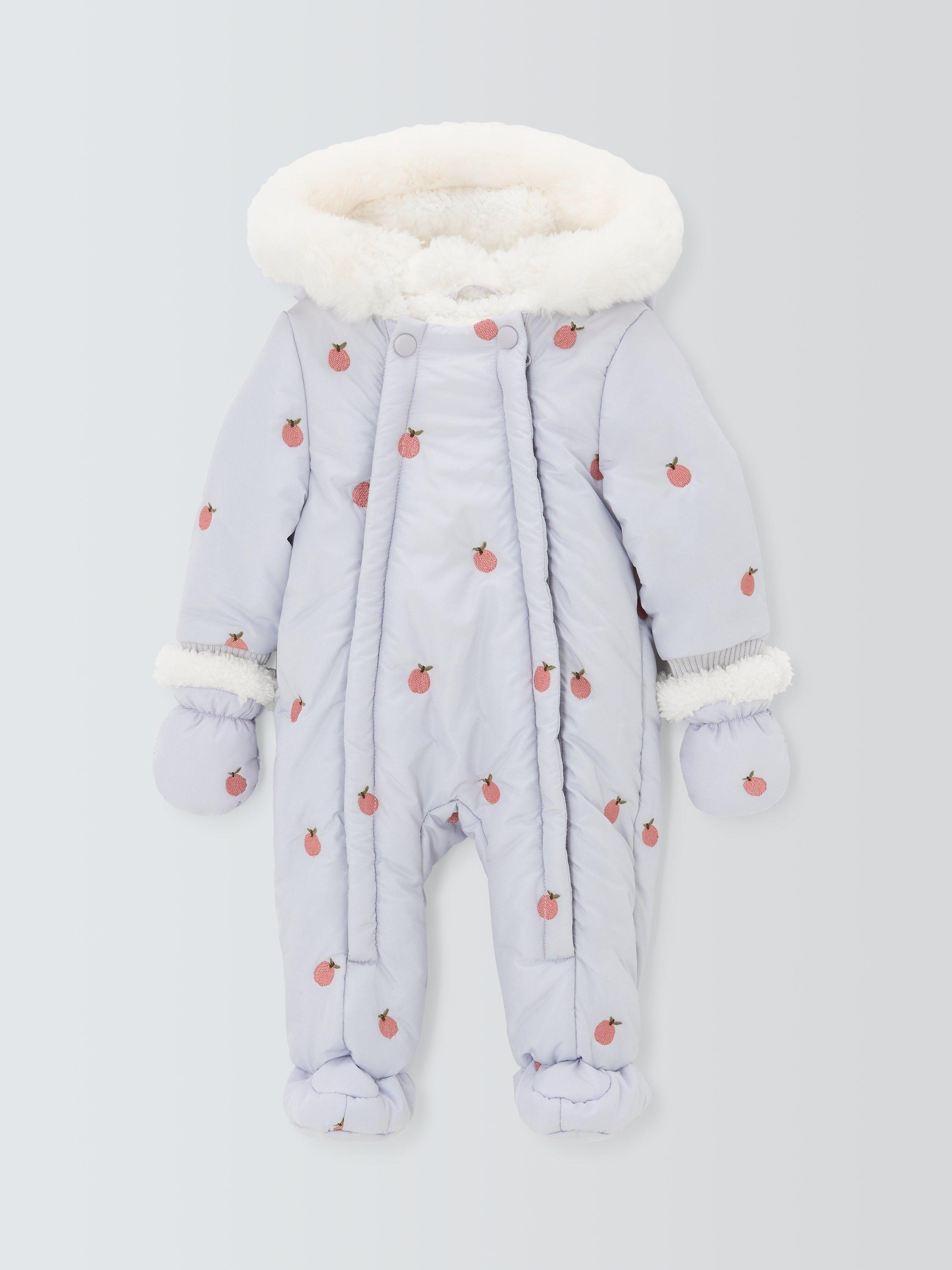 Product image 1 of 3, which shows John Lewis Baby Apple Embroidered Snowsuit, Purple, Newborn